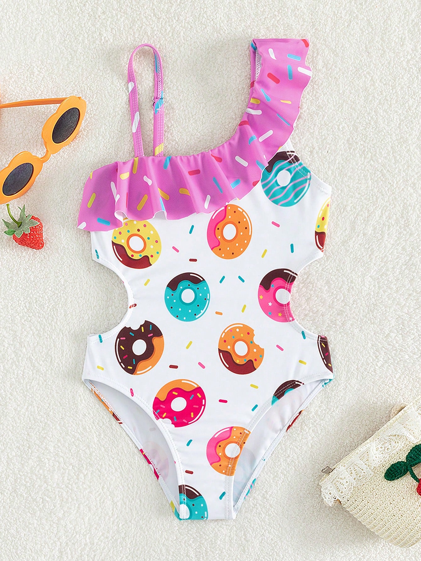 Young Girl Donuts Print Cut Out Ruffle Trim Asymmetrical Neck One Piece Swimsuit