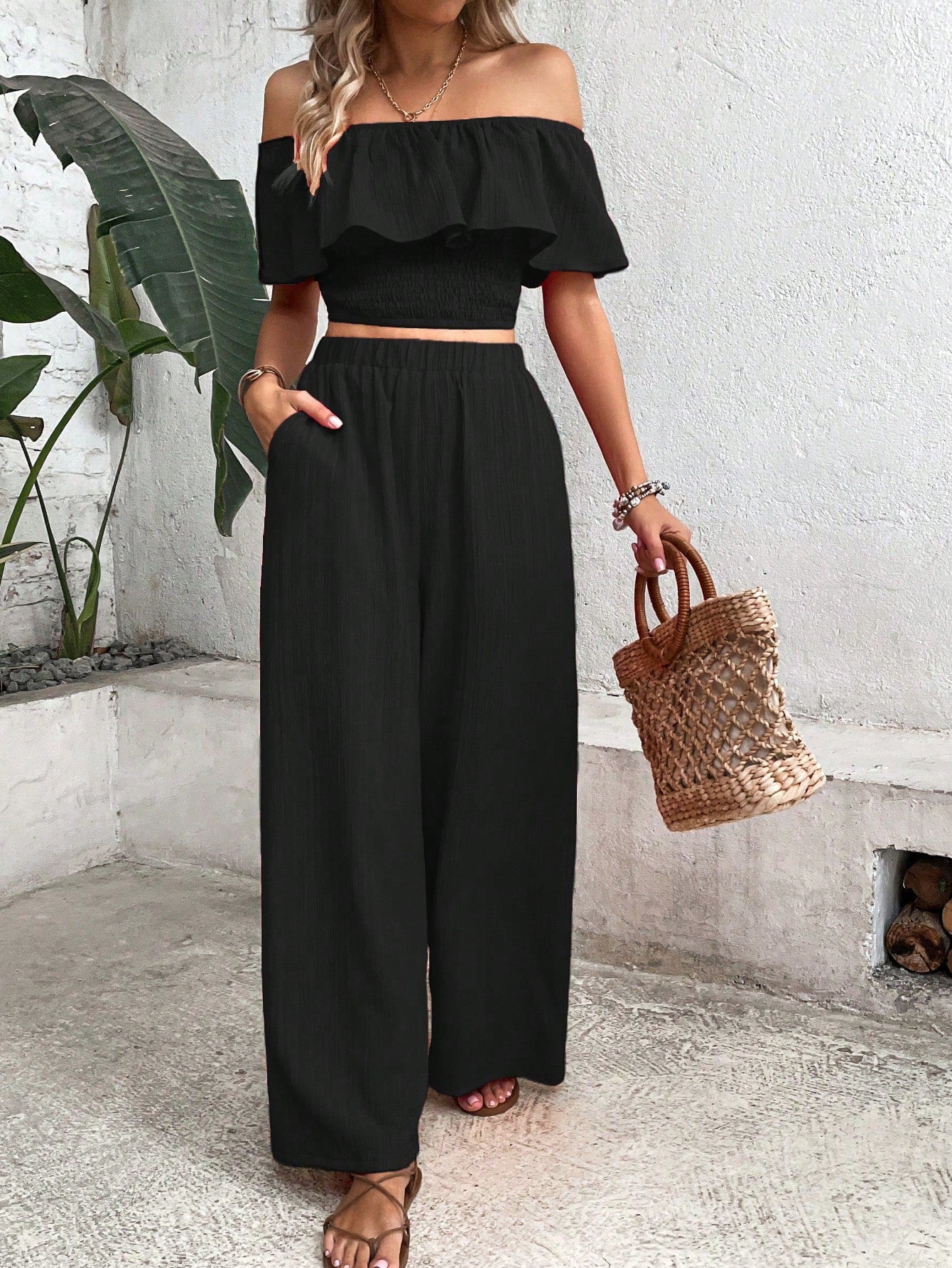 Women's Off-Shoulder Ruffle Trim Top And Wide Leg Pants Two Piece Set