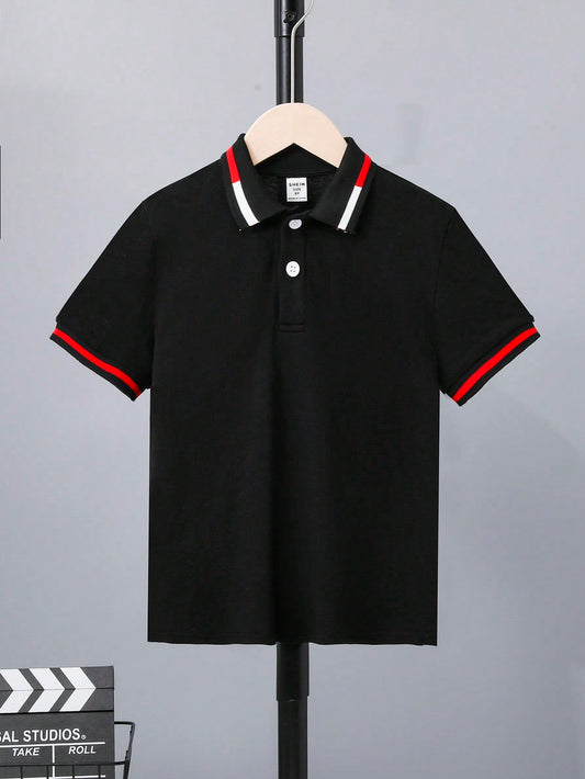 Tween Boy Oversized Casual Polo Shirt With Contrasting Collar And Color-Block Patchwork.