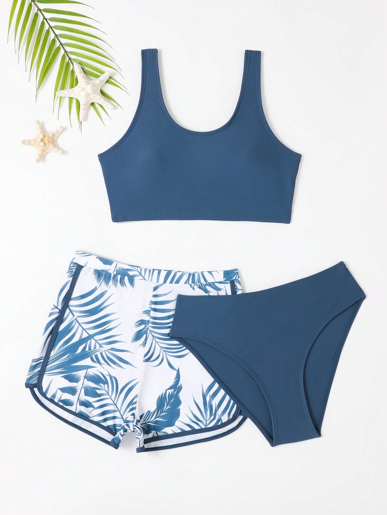 Teen Girls Tropical Print Bikini Set With Beach Shorts Summer Beach