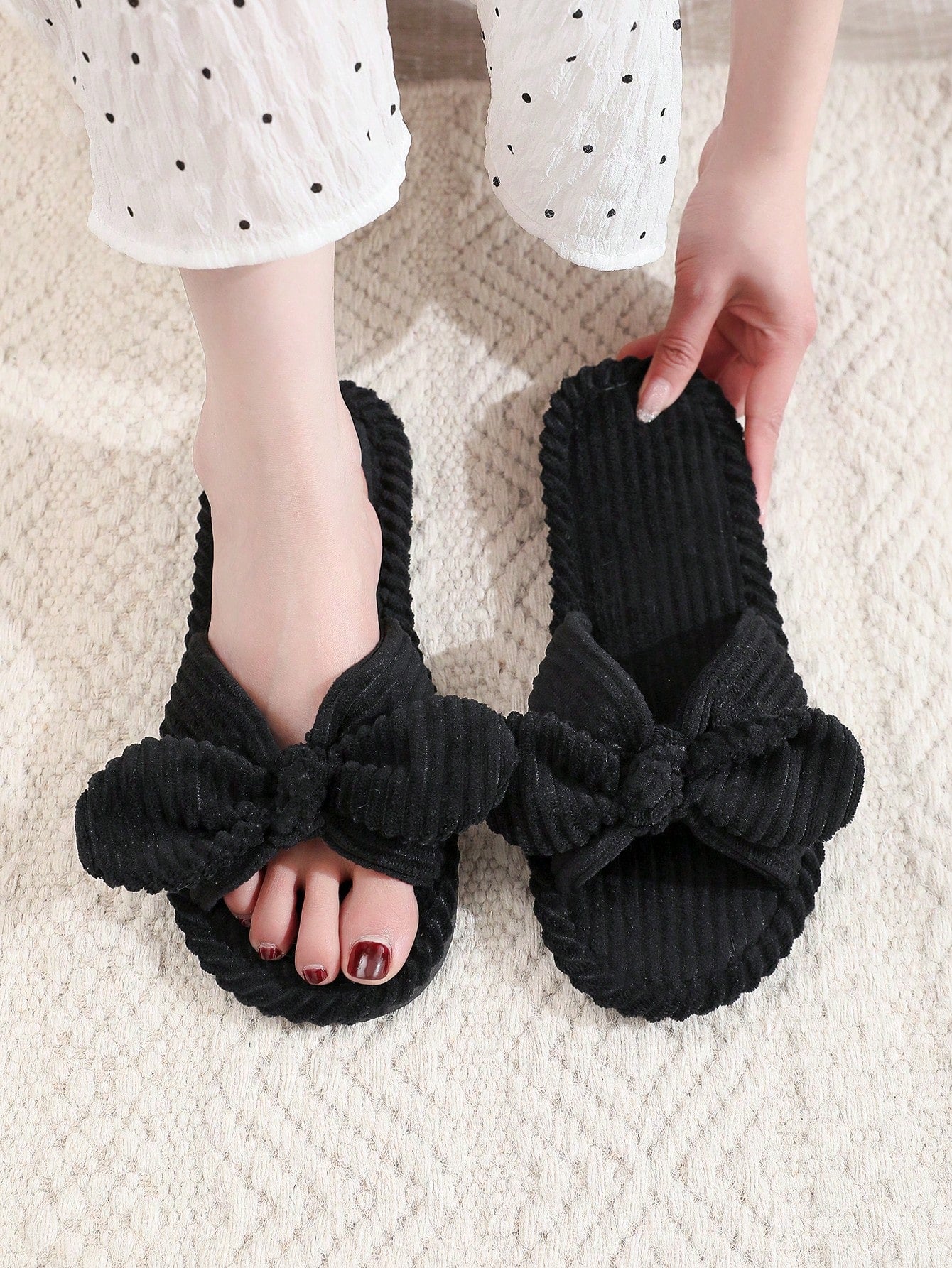 Red Bow Open Toe Slippers, Soft Indoor House Shoes With Quiet Wood Floor Bottoms For Spring And Autumn