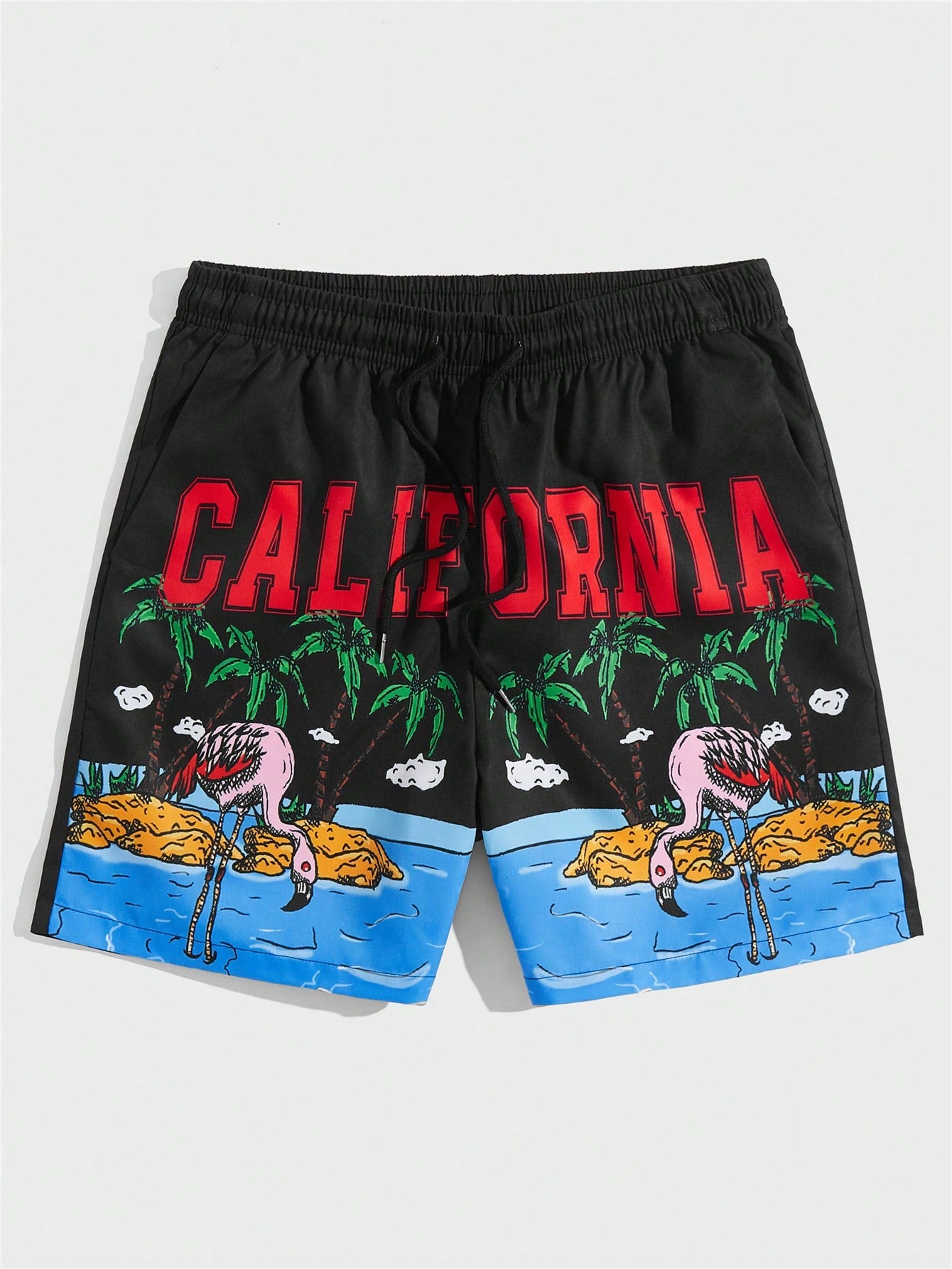 Street Life Men Letter & Palm Tree Print Drawstring Waist Shorts