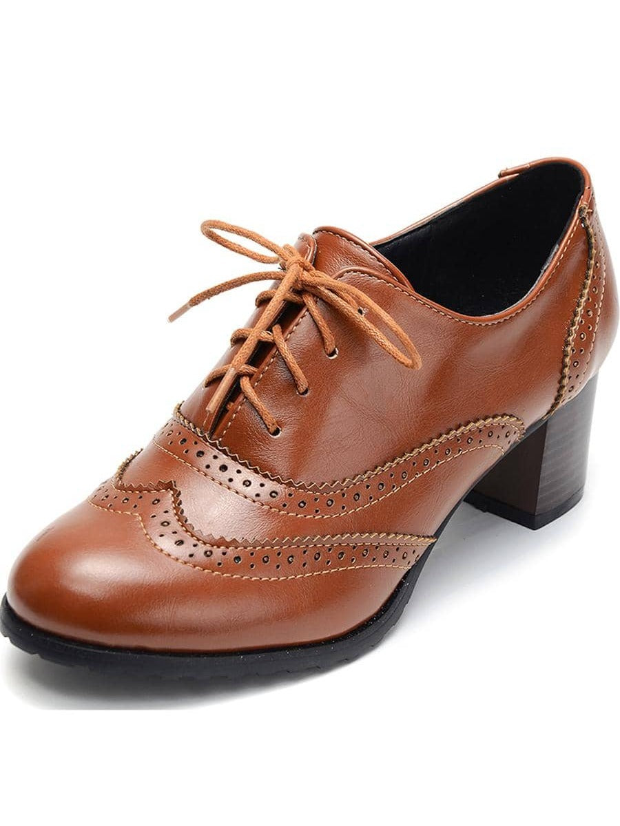 Black PU Leather Wingtip Lace Up Mid Heel Elegant Oxfords Pumps Shoes For Women