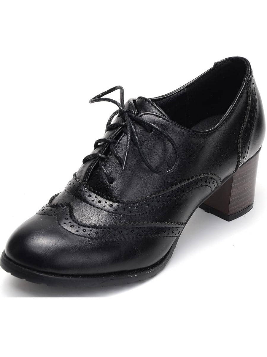 Black PU Leather Wingtip Lace Up Mid Heel Elegant Oxfords Pumps Shoes For Women