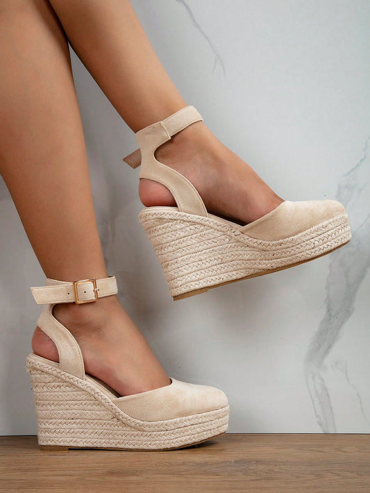 Women Beige Ankle Strap Woven Wedge Sandals, Round Toe High Heel For Vacation