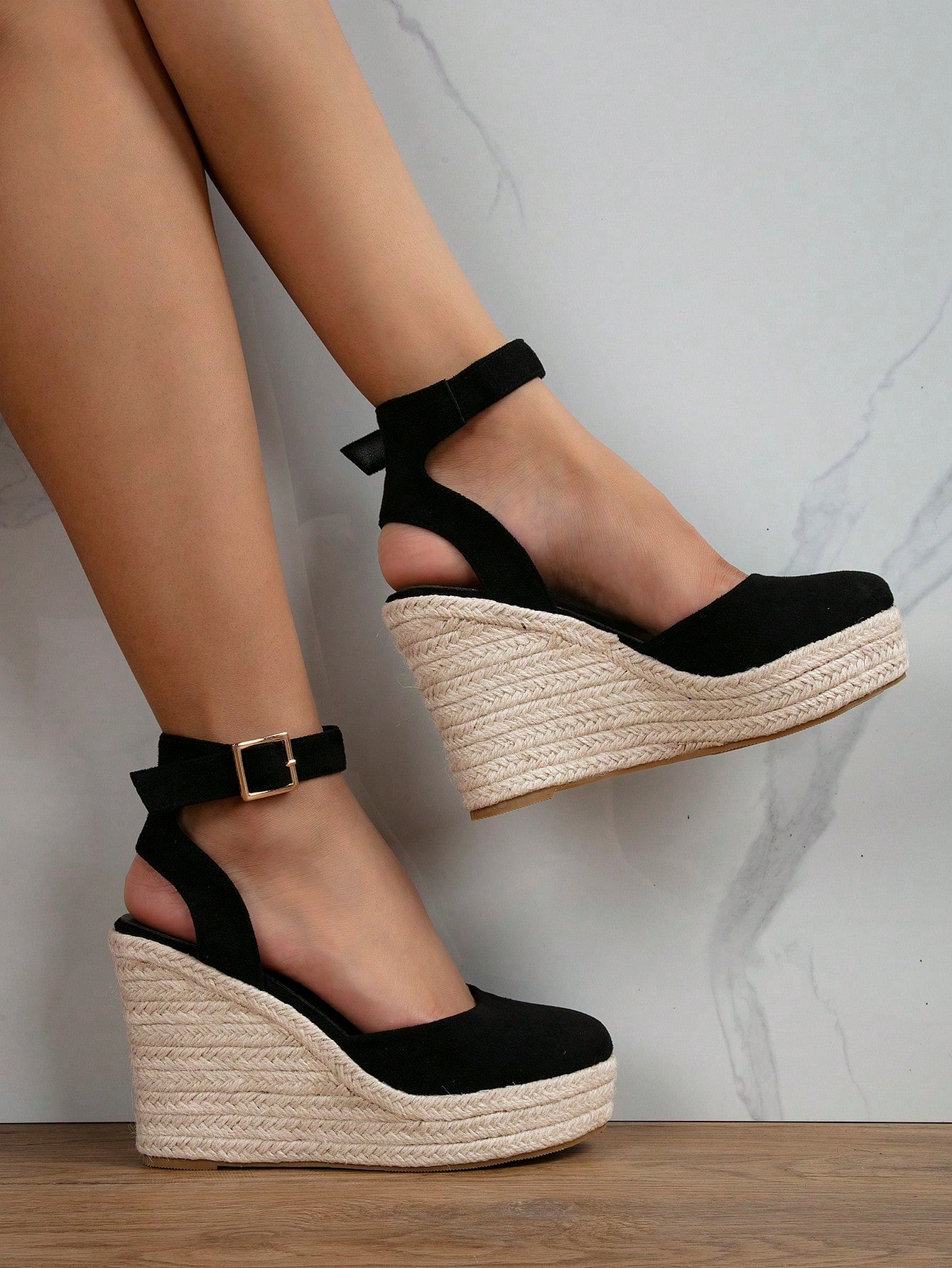 Women Beige Ankle Strap Woven Wedge Sandals, Round Toe High Heel For Vacation