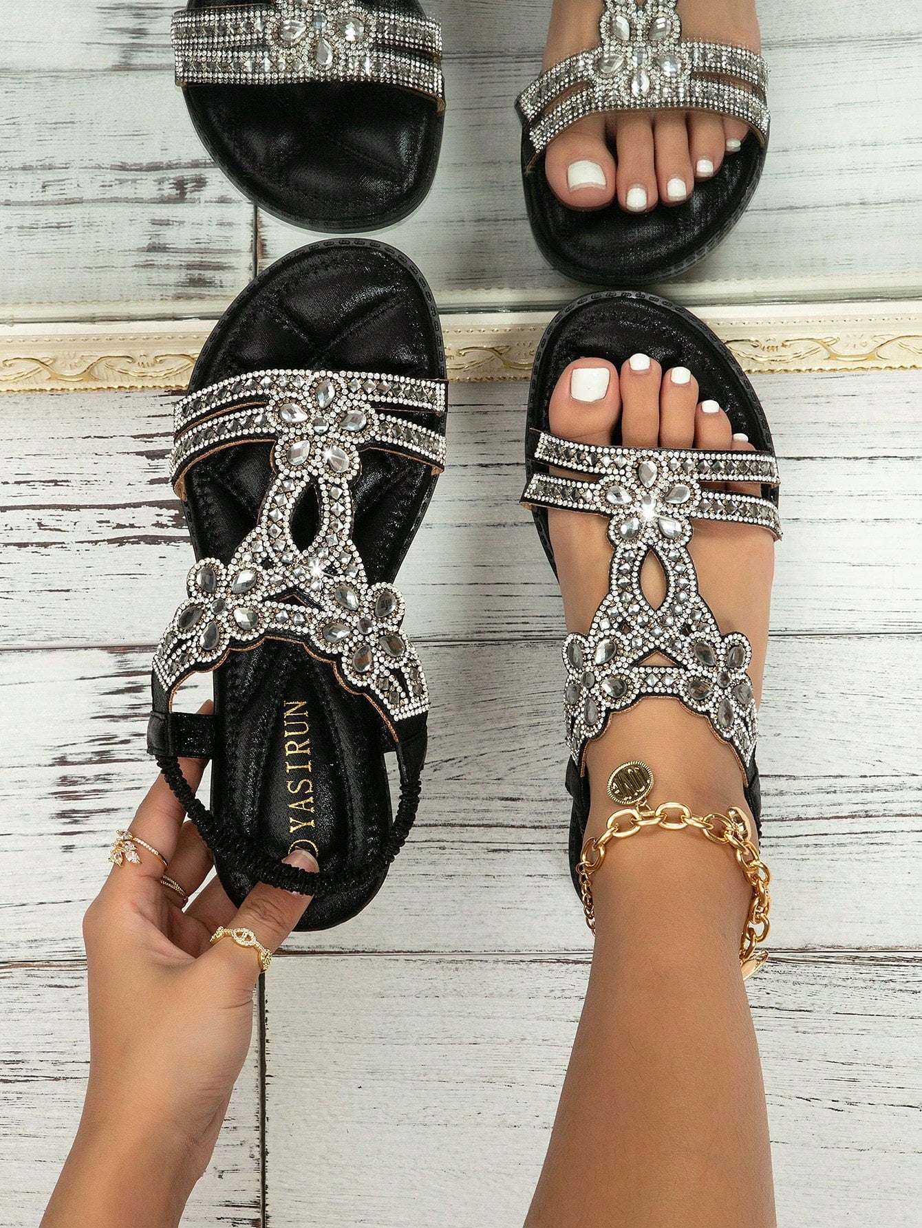 Women Comfortable Rhinestone Decor Flat Sandals, Glamorous Summer Ankle Strap Sandals