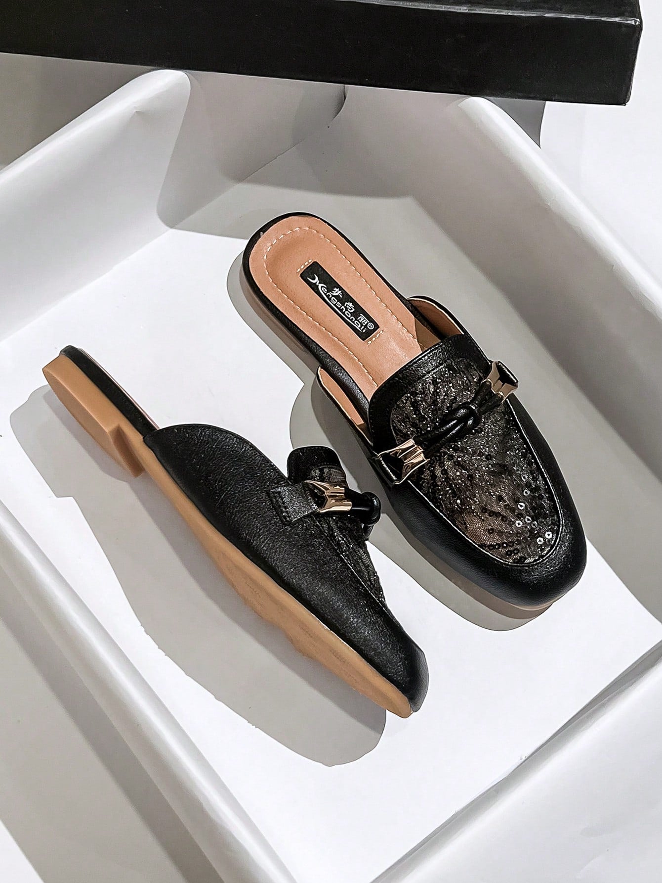Two Tone Knot Decor Flat Mules, Multicolor Elegant Contrast Color Knotted Mules Heels