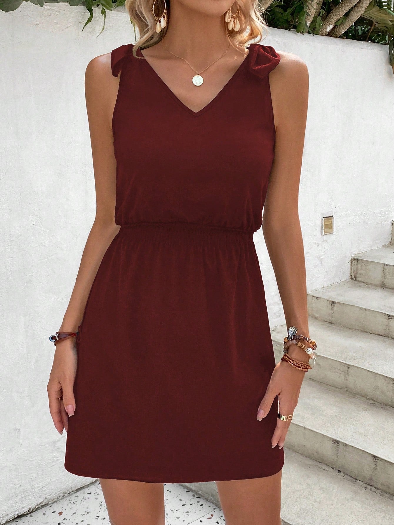 Solid Color Sleeveless Waist-Cinched Dress