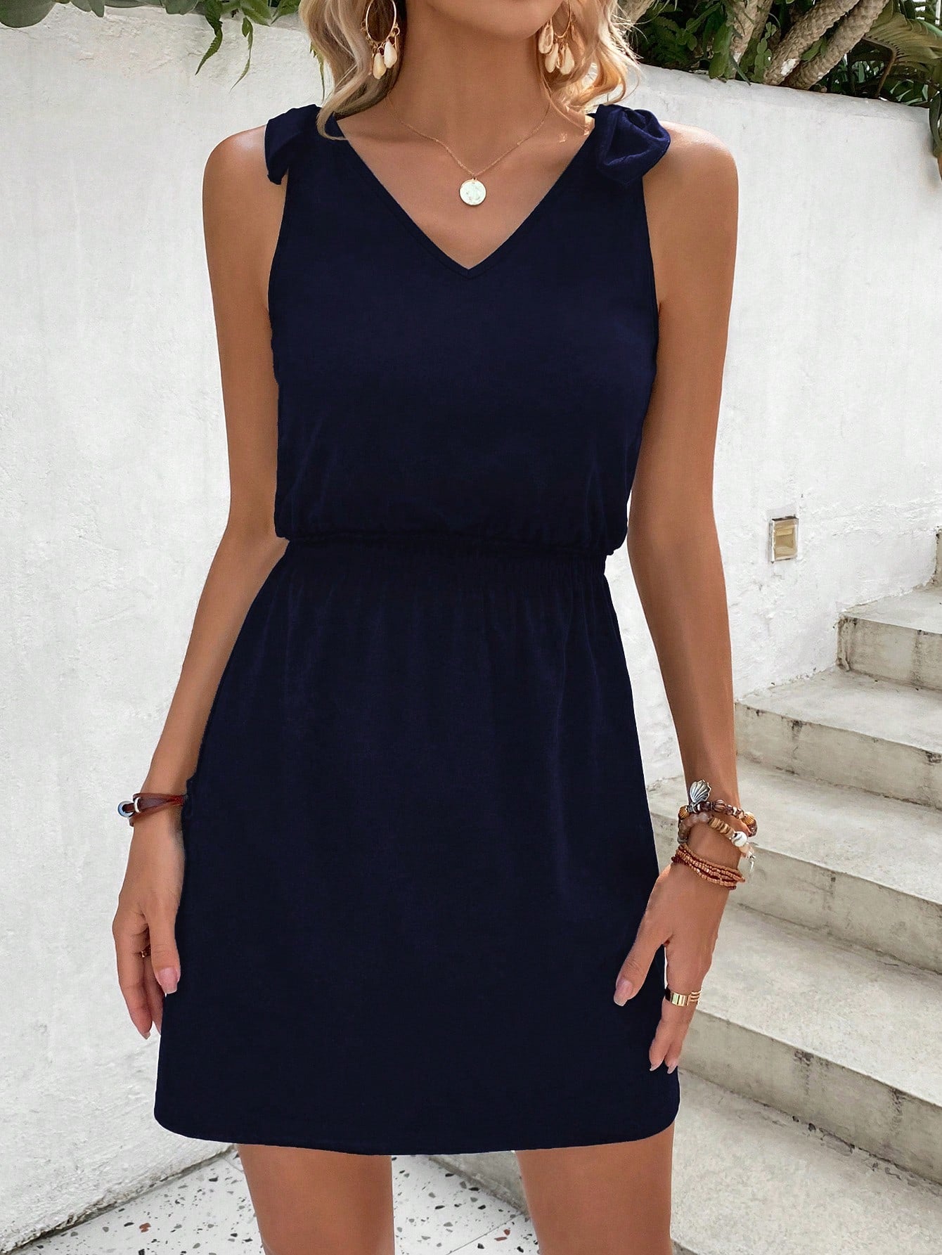 Solid Color Sleeveless Waist-Cinched Dress