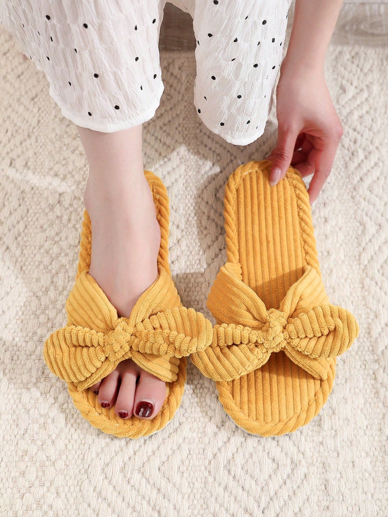 Red Bow Open Toe Slippers, Soft Indoor House Shoes With Quiet Wood Floor Bottoms For Spring And Autumn