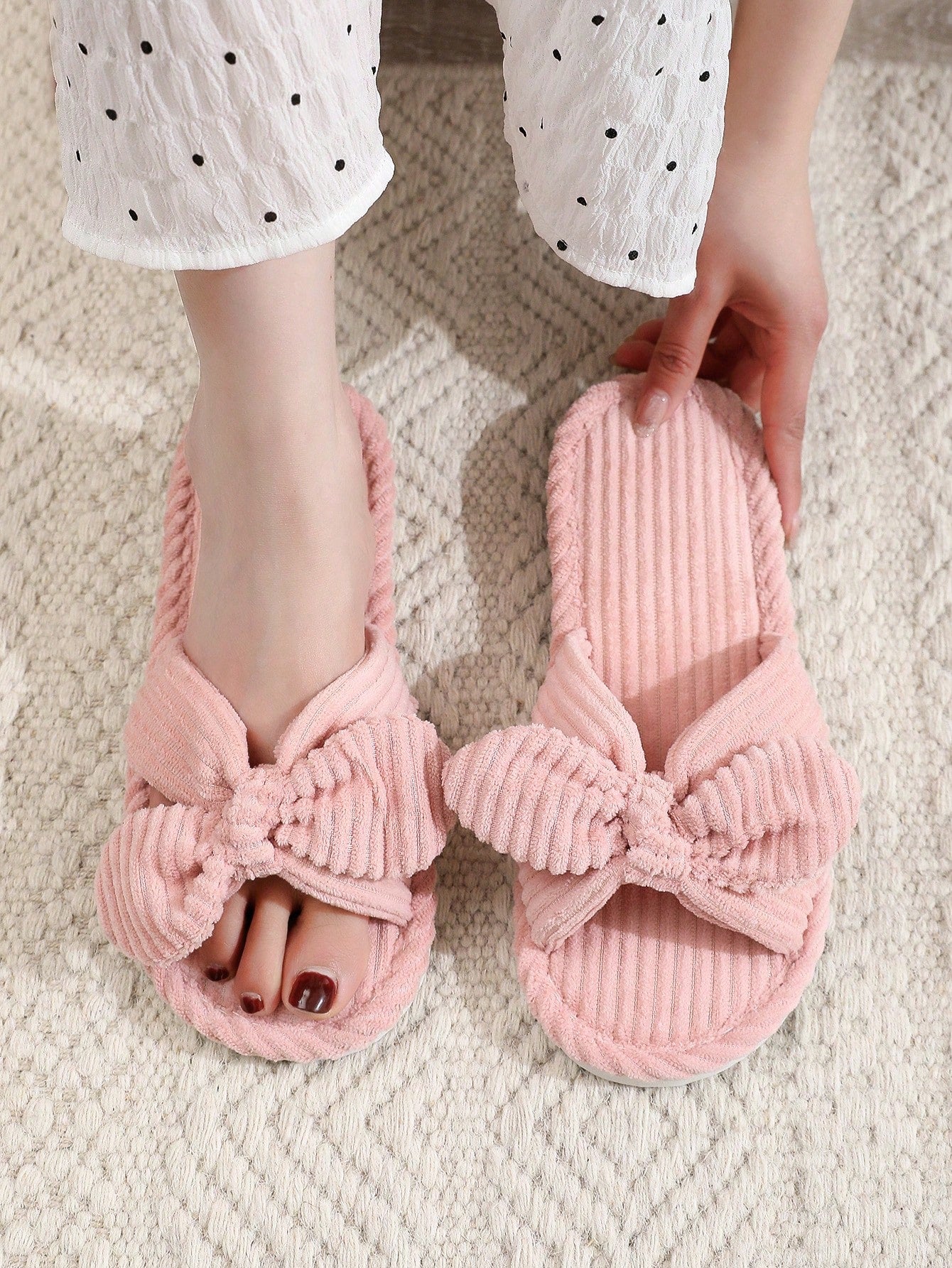 Red Bow Open Toe Slippers, Soft Indoor House Shoes With Quiet Wood Floor Bottoms For Spring And Autumn