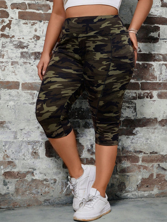 Plus Camo Print Summer Outfits Tummy Control Leggings With Phone Pocket