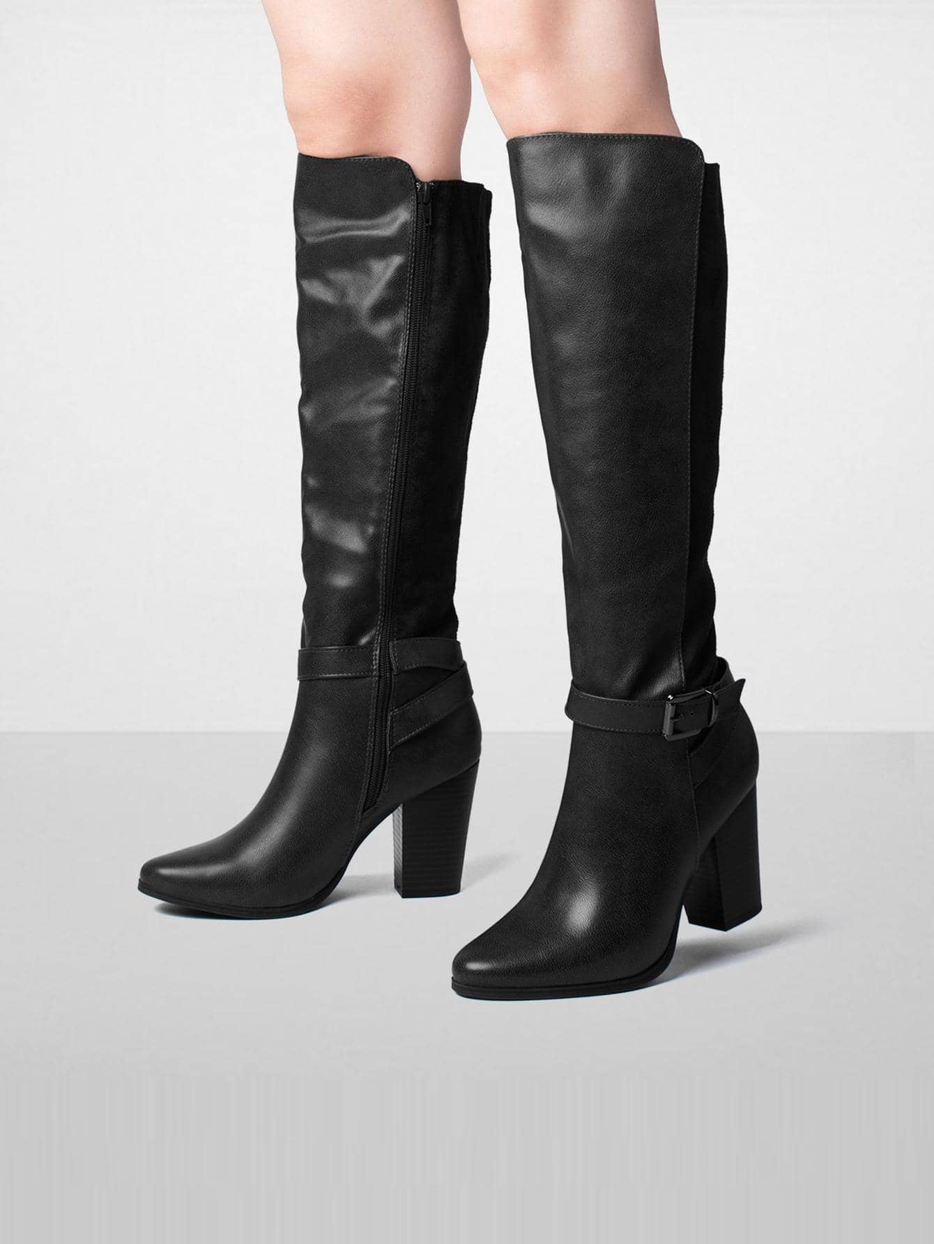 Women Heeled Knee High Boots Zip Up High Chunky Heeled Boots Valentine's Day