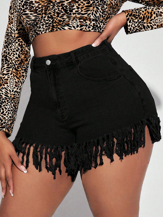 Plus Fringe Hem Denim Shorts