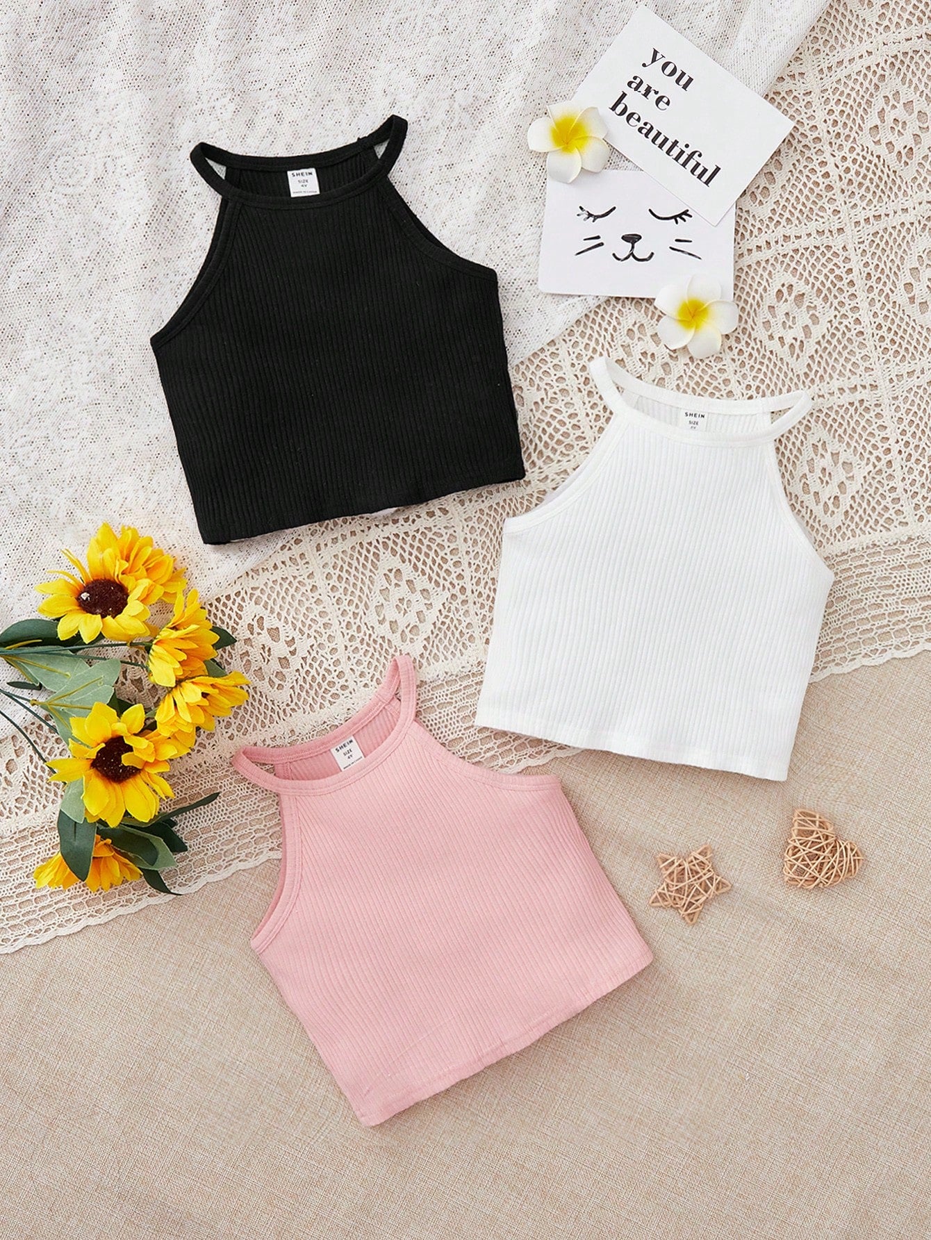 Young Girl 3pcs Ribbed Knit Halter Top