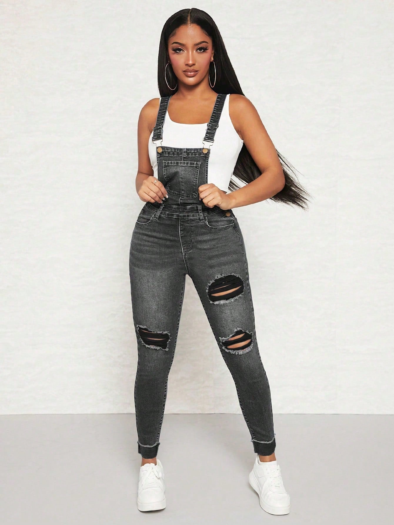 Ripped Roll Up Hem Denim Overall