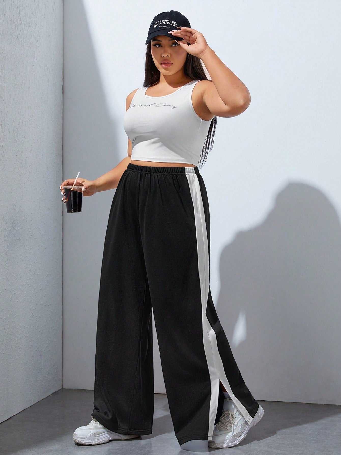 Plus Contrast Side Seam Split Hem Wide Leg Sweatpants