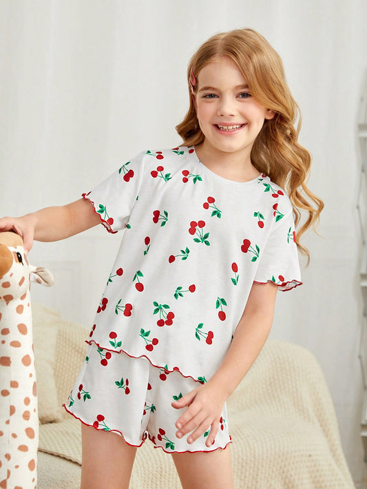 Tween Girl Cherry Print Lettuce Trim Tee & Shorts PJ Set