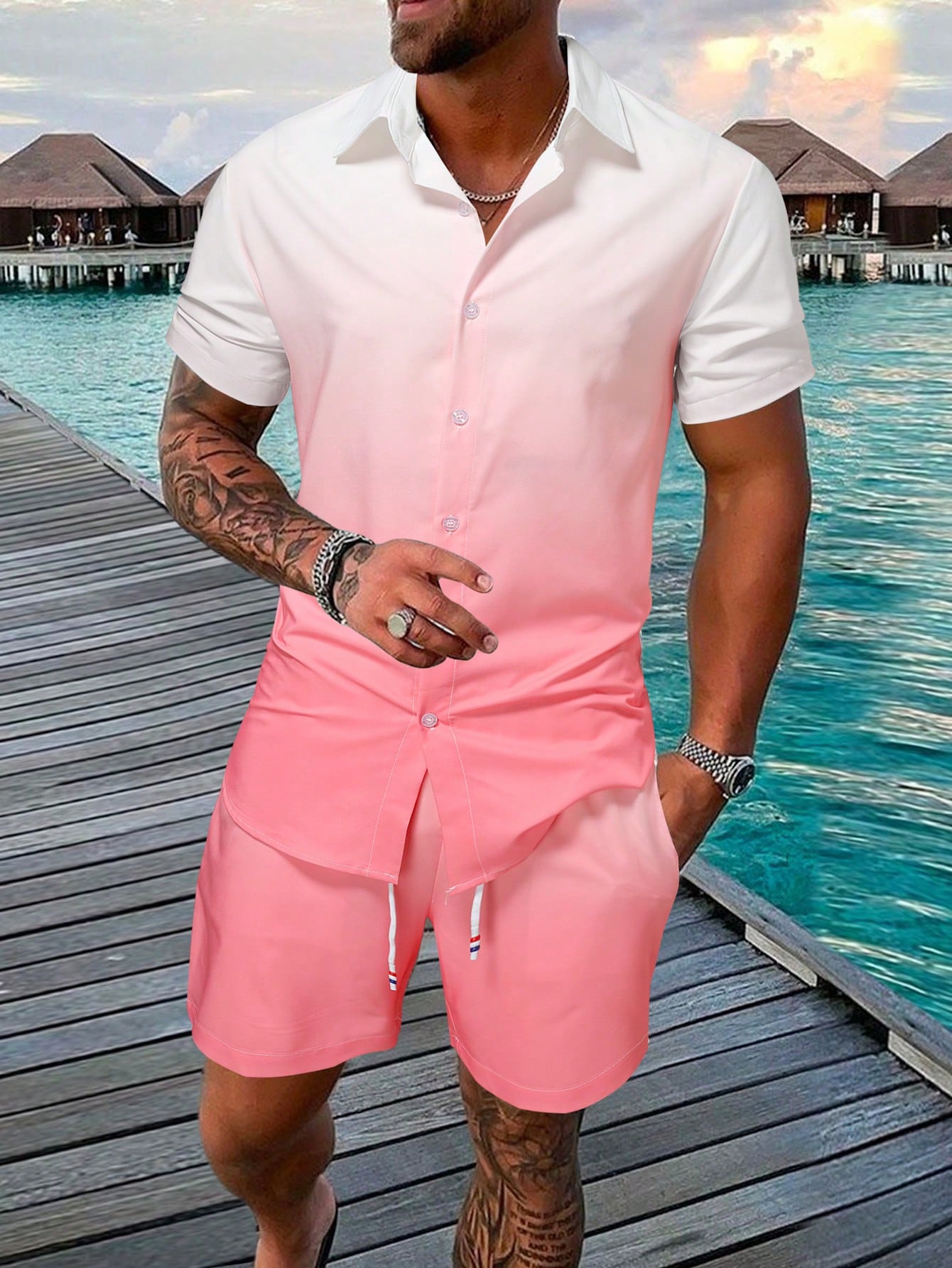 Men Ombre Shirt & Drawstring Waist Shorts