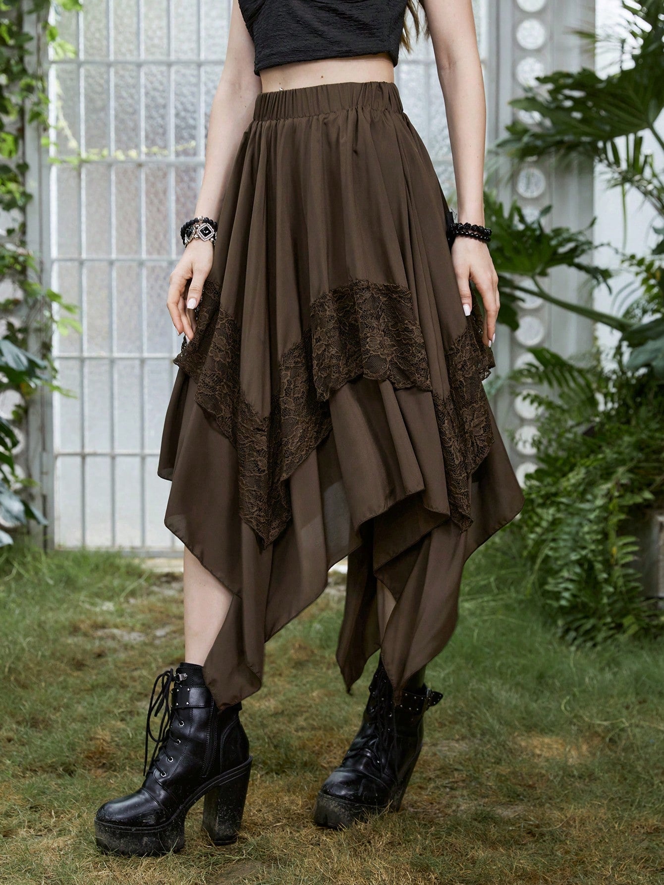 Goth Contrast Lace Hanky Hem Skirt