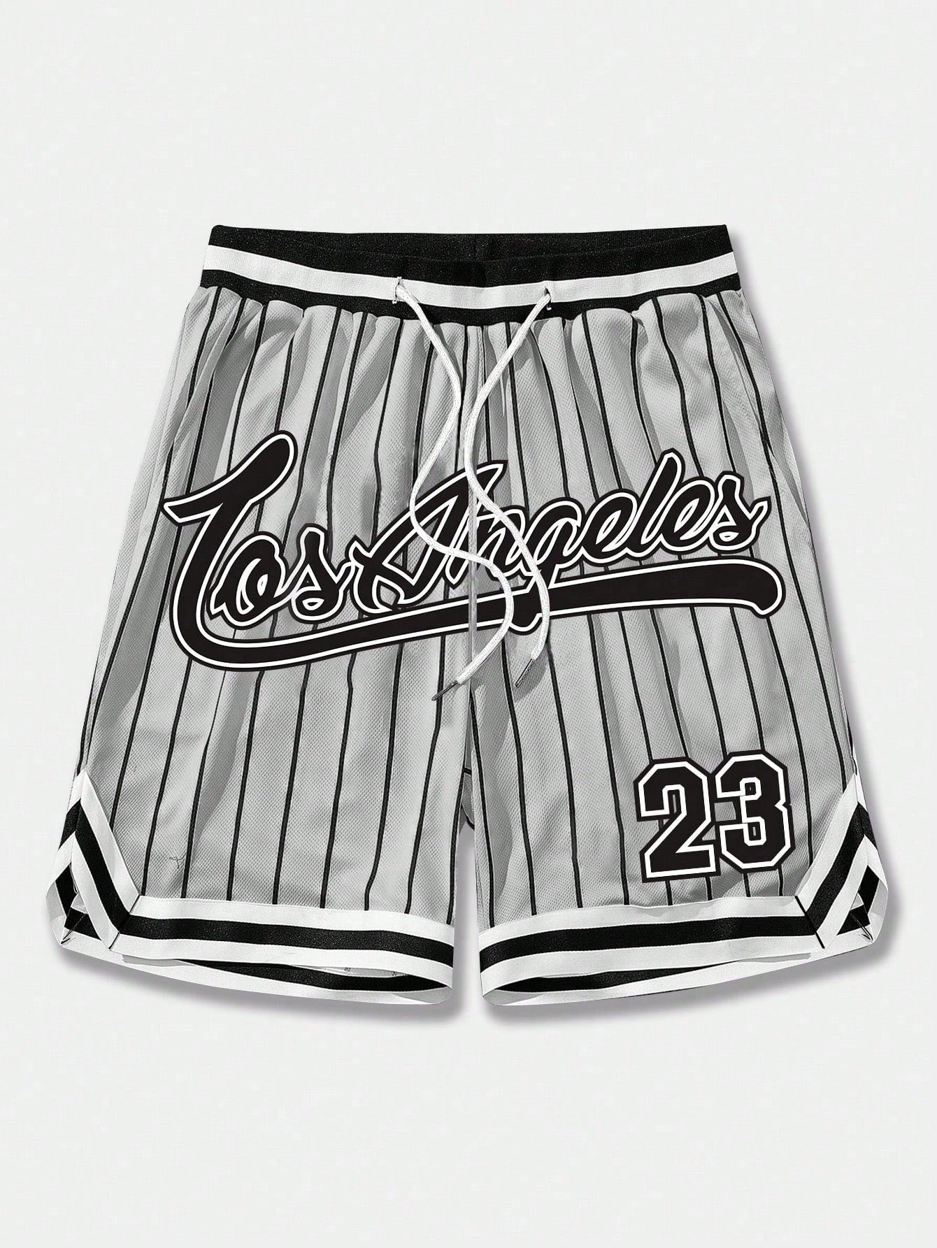 Men Striped & Letter Graphic Drawstring Waist Mesh Shorts