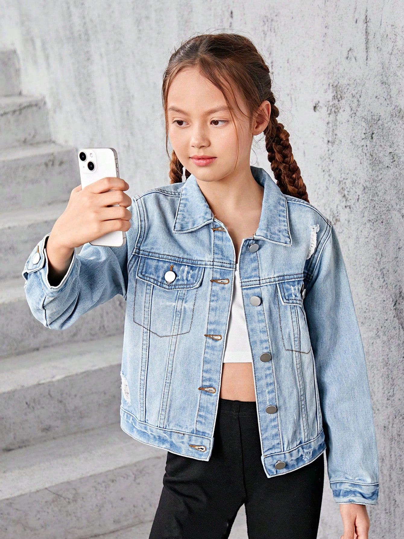 Tween GIrl Boho  Casual Street Medium Wash Ripped Destroy  Denim Jacket , Girls Daily Fashion Outfits