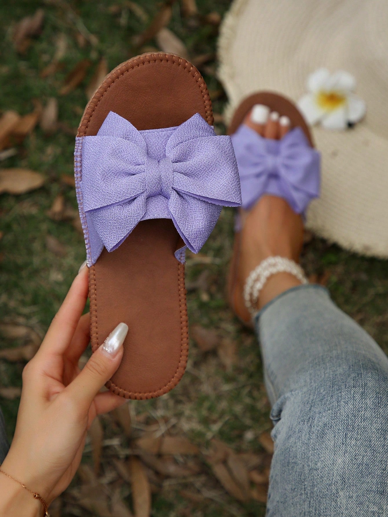 Women Anti-slip Bow Decor Flat Sandals, Vacation Summer Polyester Slide Sandals