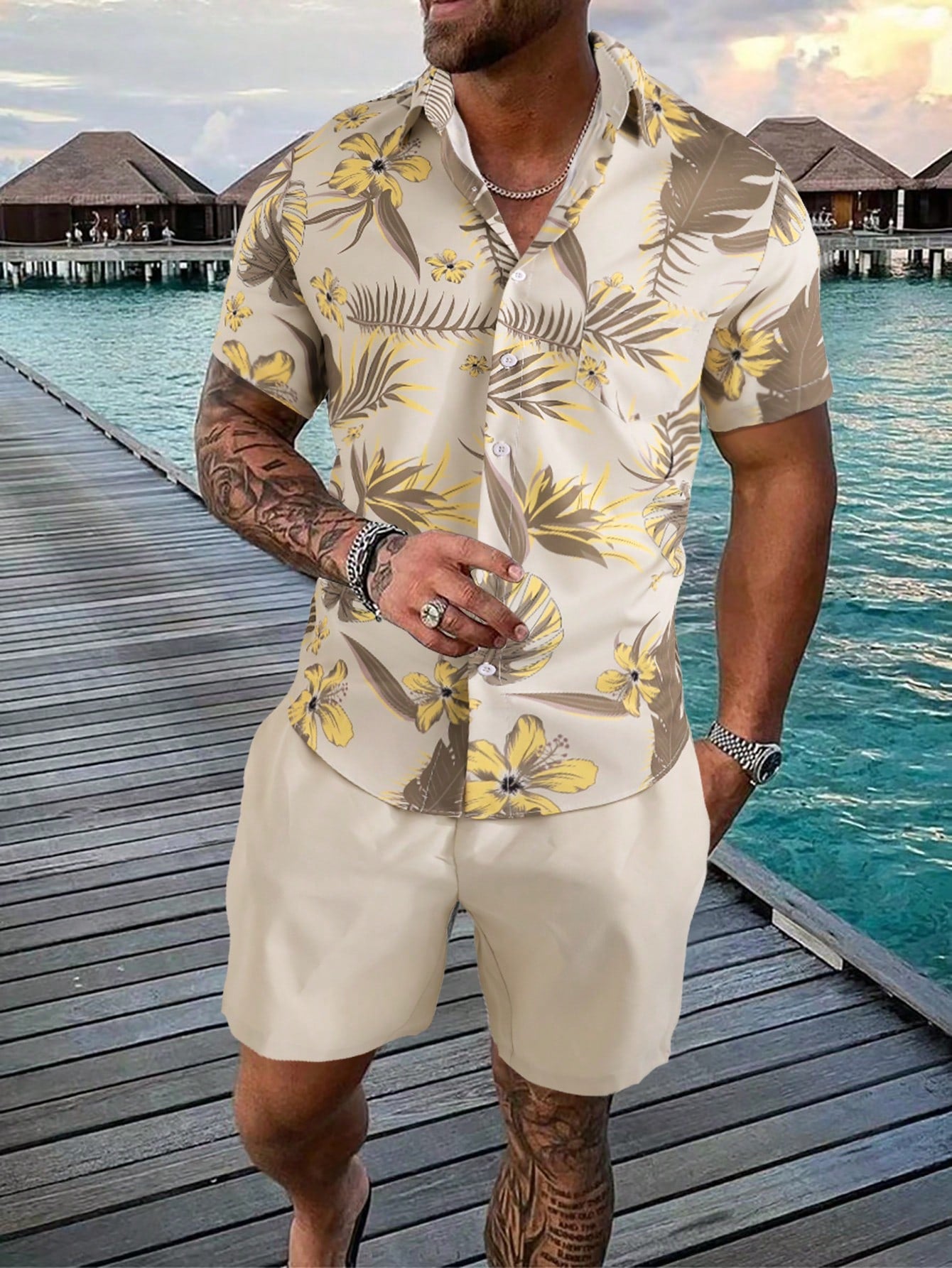 Men Tropical Print Shirt & Drawstring Waist Shorts Without Tee