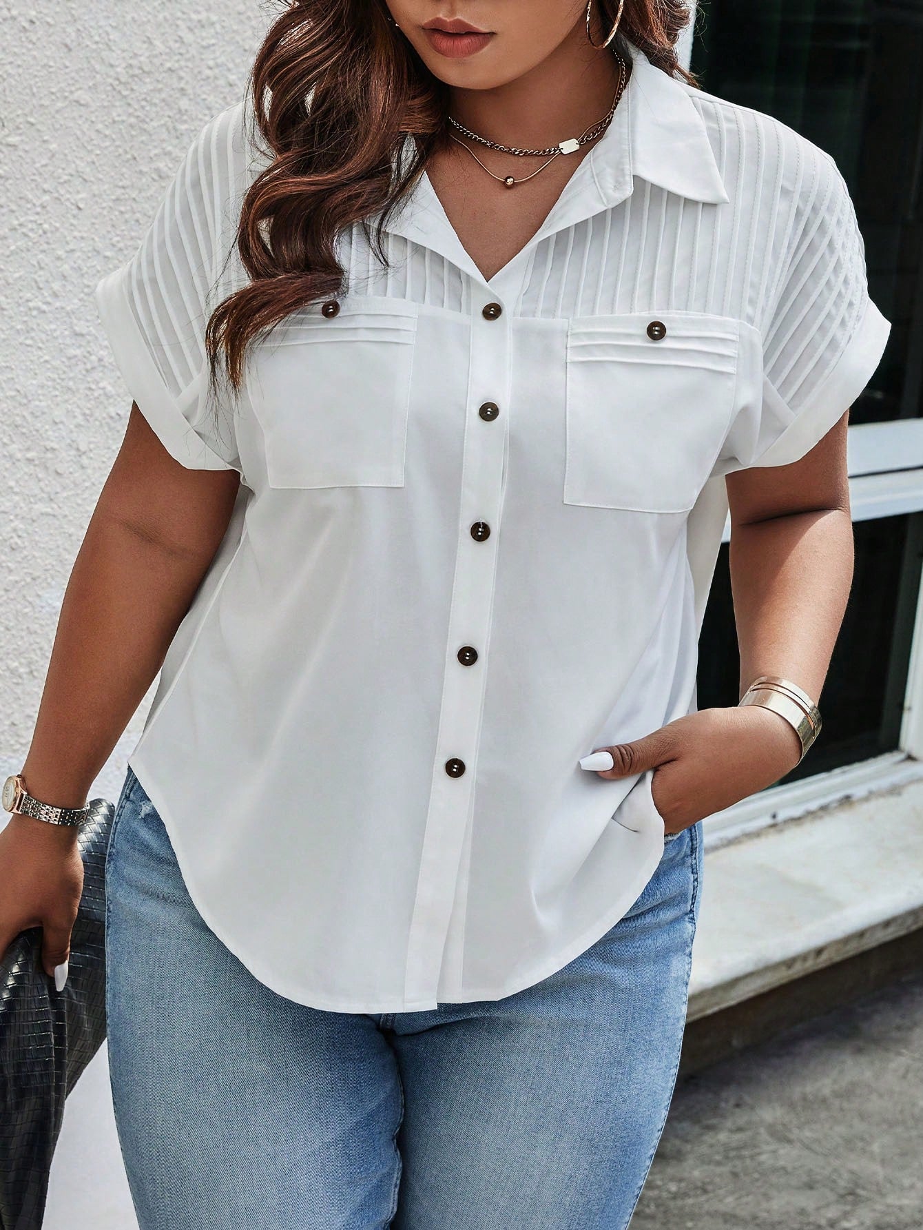 Plus Size Solid Color Buttoned Batwing Sleeve Shirt