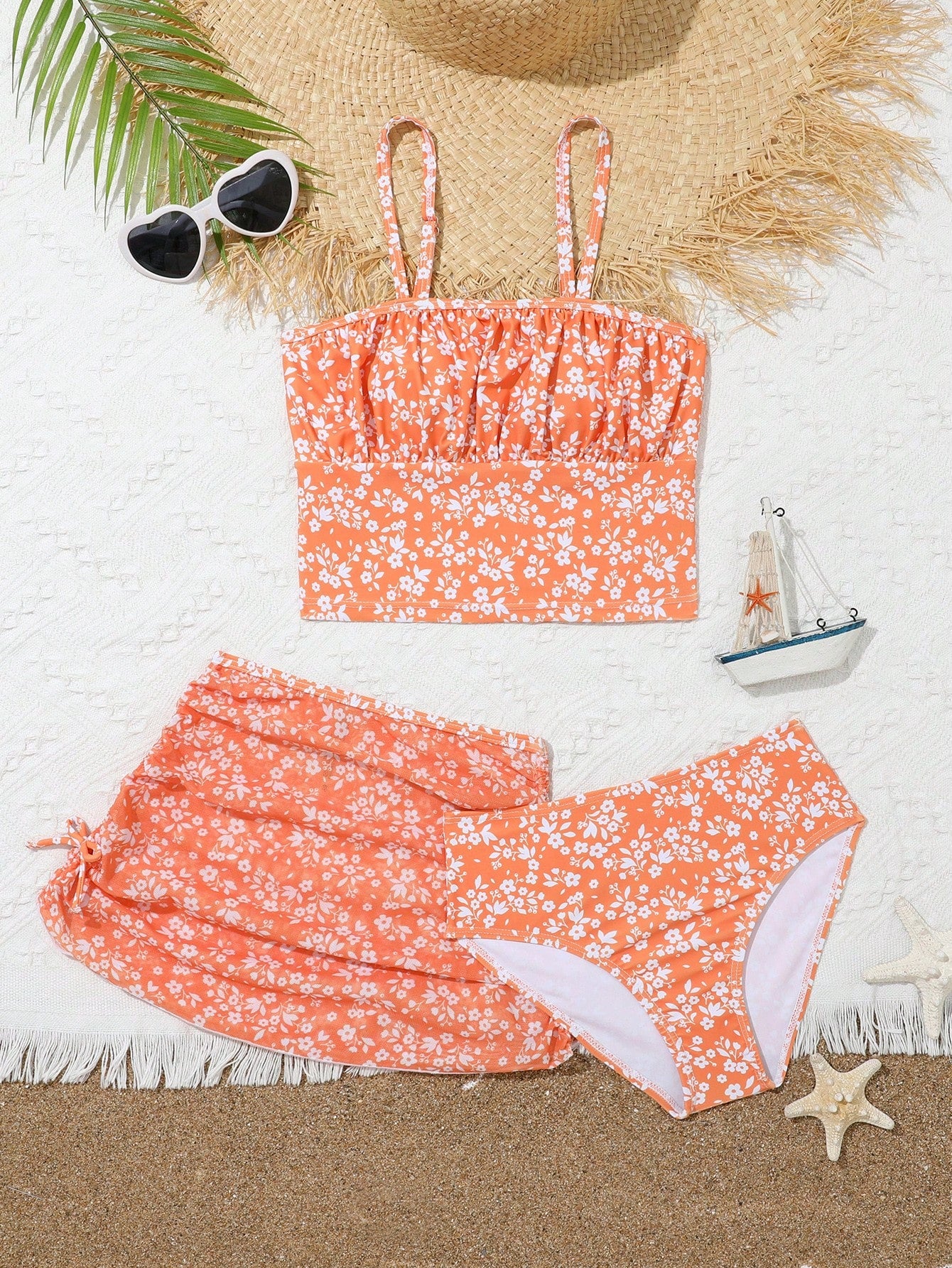 Tween Girl Ditsy Floral Print Bikini Swimsuit With Beach Skirt