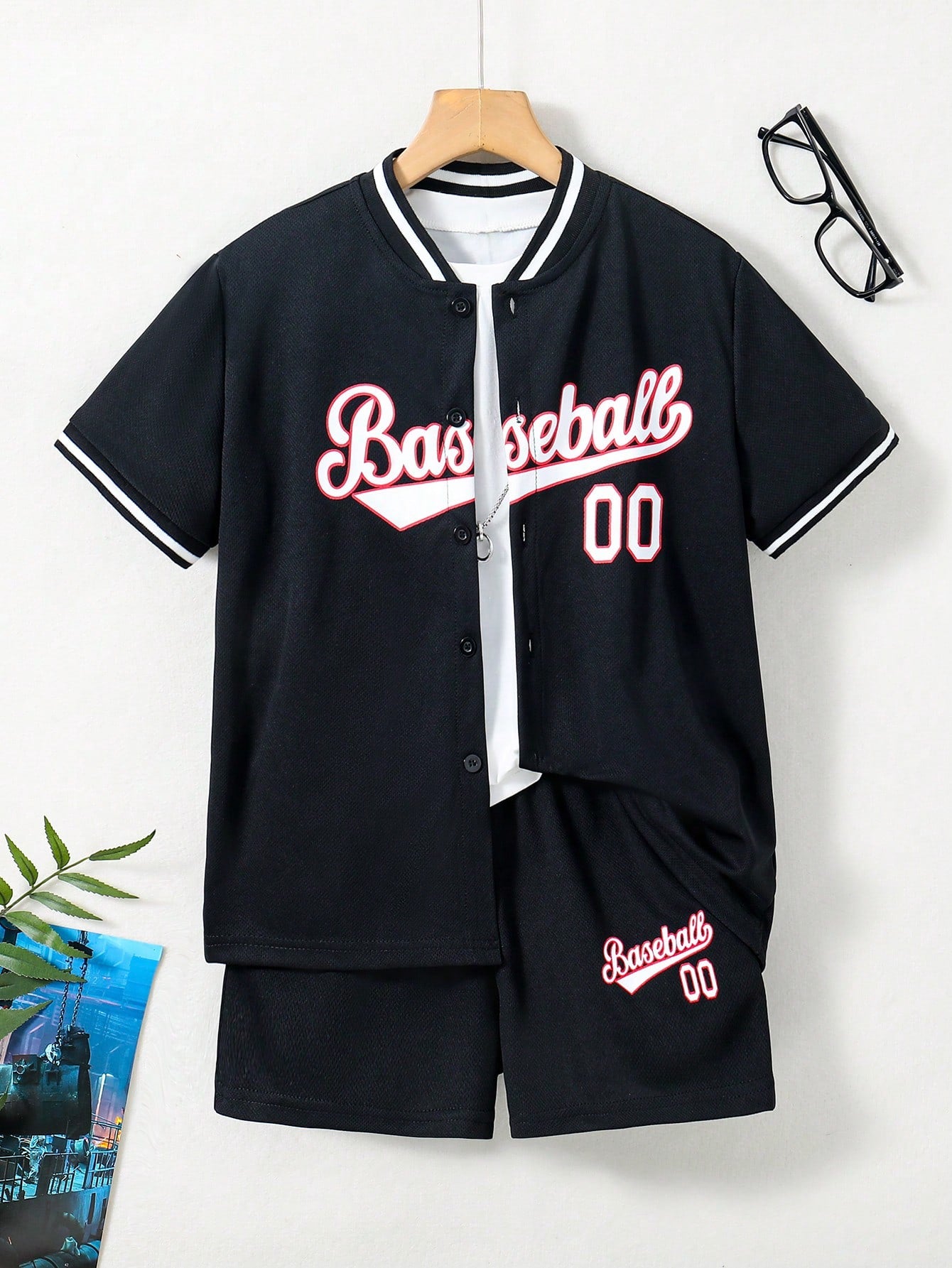 Tween Boy Letter Graphic Striped Trim Baseball Collar Shirt & Shorts Without Tee