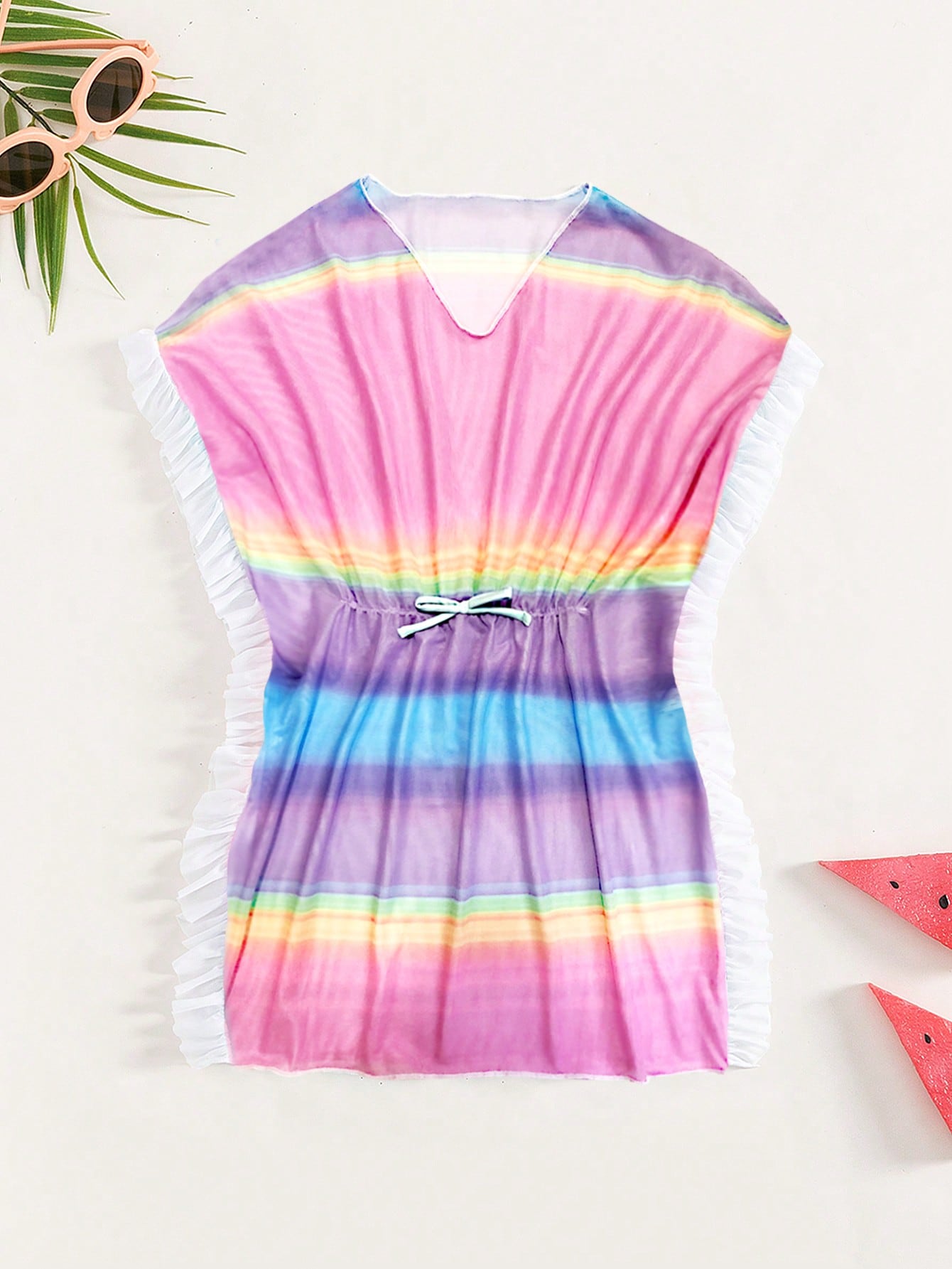 Tween Girl Ombre Ruffle Trim Knot Front Cover Up Bathing Suit Beach Cover Up Dress