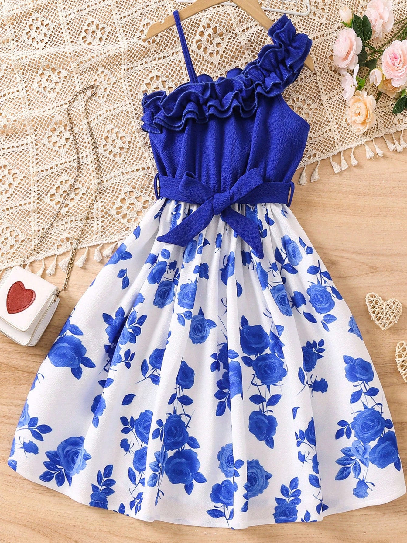 Tween Girl Floral Print Asymmetrical Neck Ruffle Trim Belted Dress