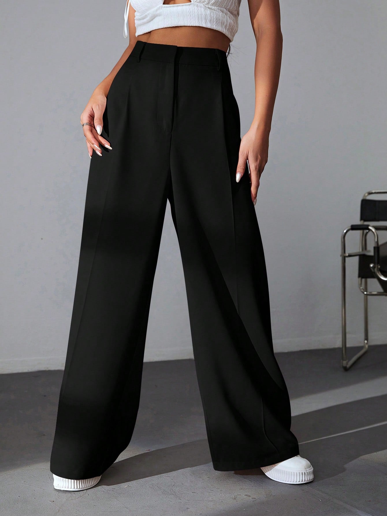 Solid Wide Leg Dress Pants