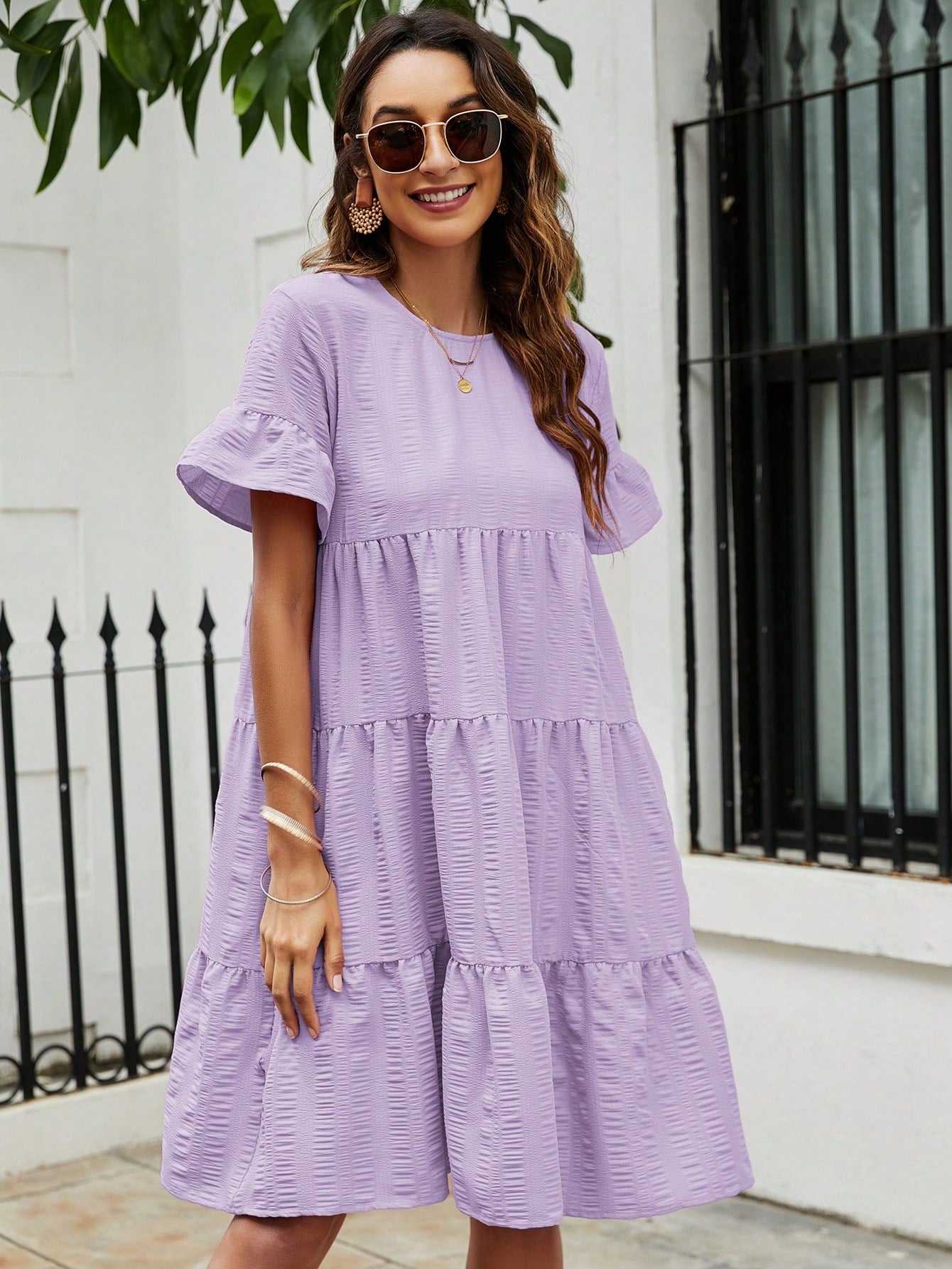 Flare Sleeve Ruffle Hem Smock Dress