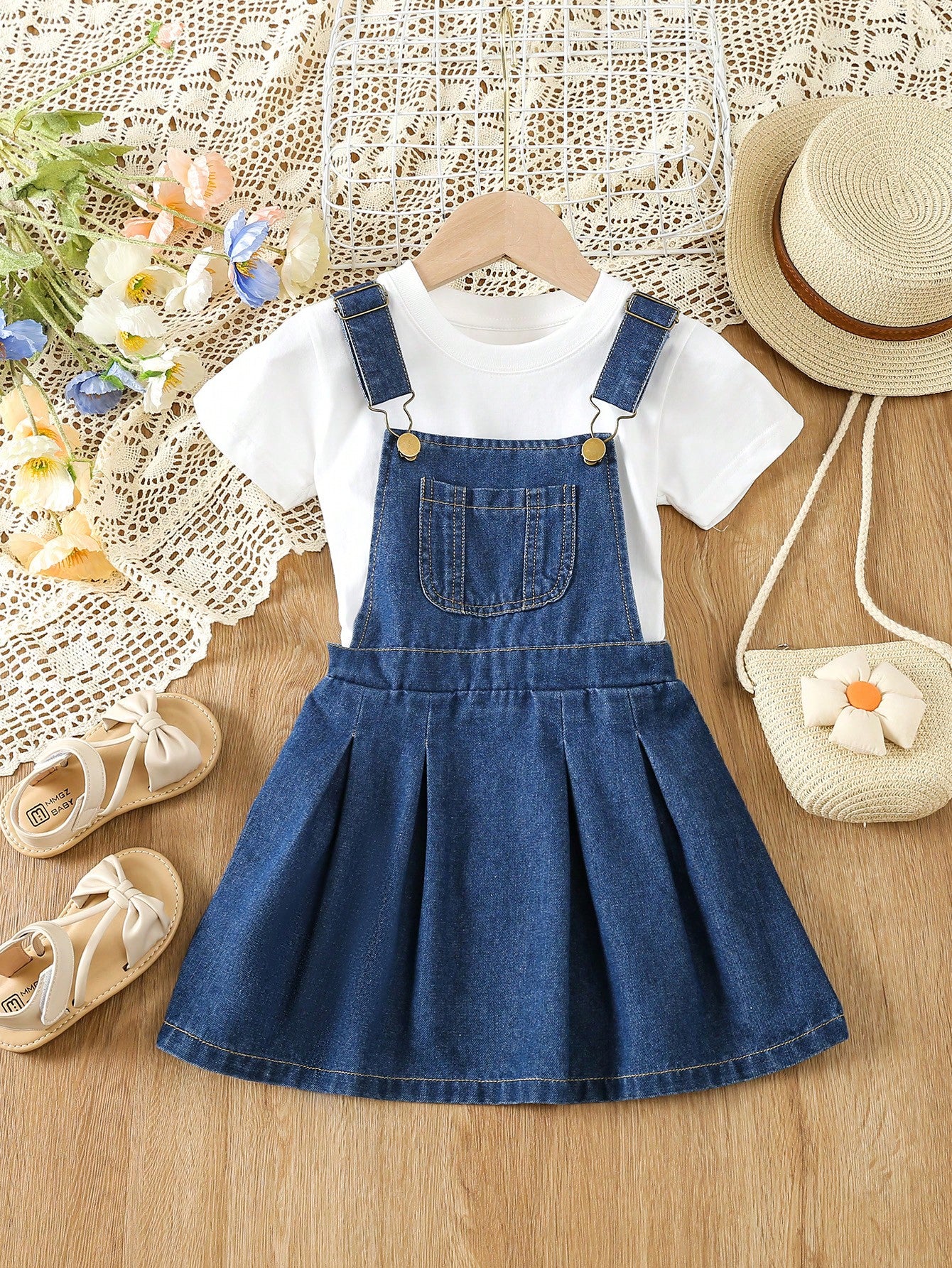 Kids Young Girl 1pc Patched Pocket Pleated Detail Overall Dress