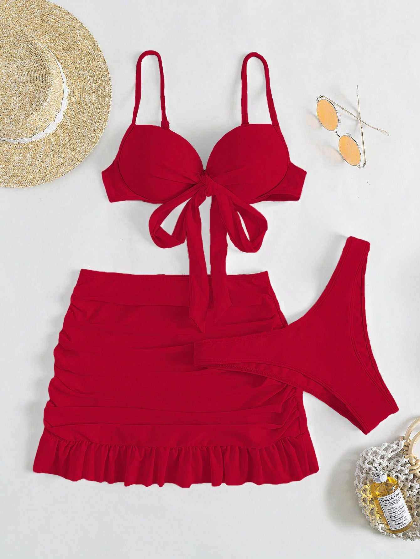 Swim Mod Summer Beach Solid Bikini Set Knot Front Push Up Bra & High Cut Bottom & Ruched Beach Skirt 3 Piece Bathing Suit