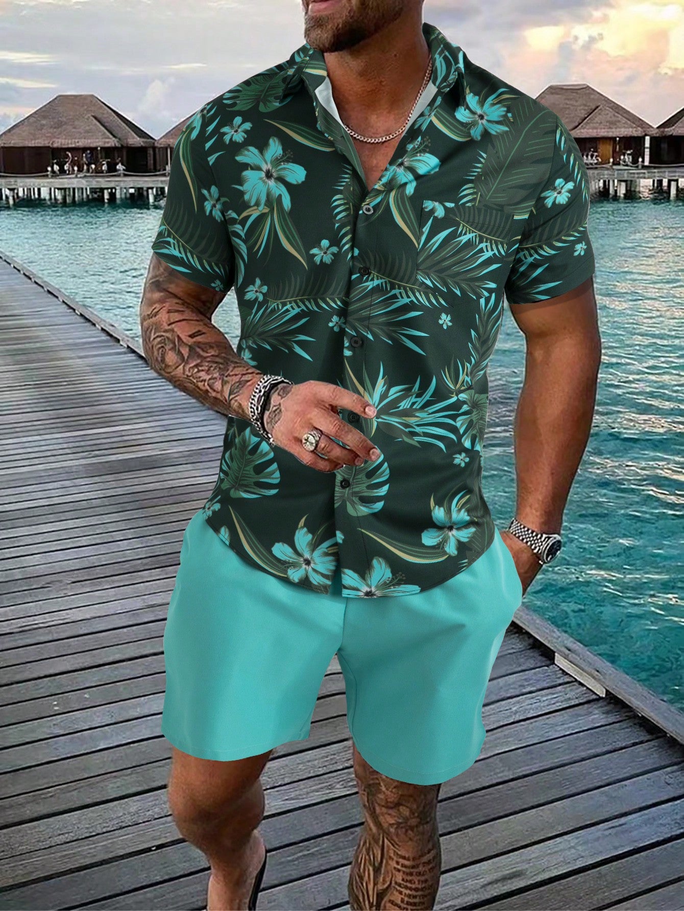 Men Tropical Print Shirt & Drawstring Waist Shorts Without Tee