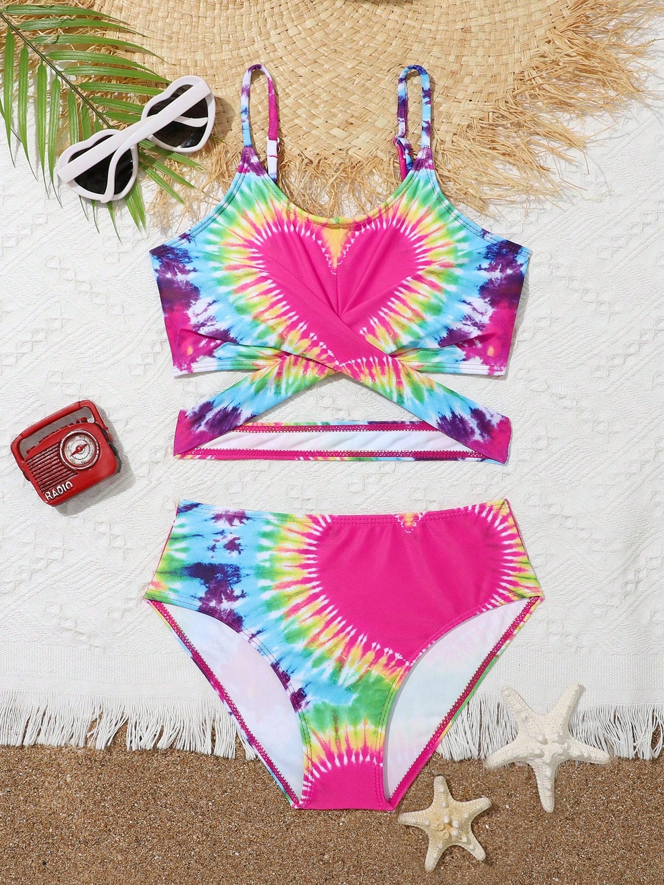 Teen Girl Tie Dye Heart Print Crisscross Bikini Swimsuit