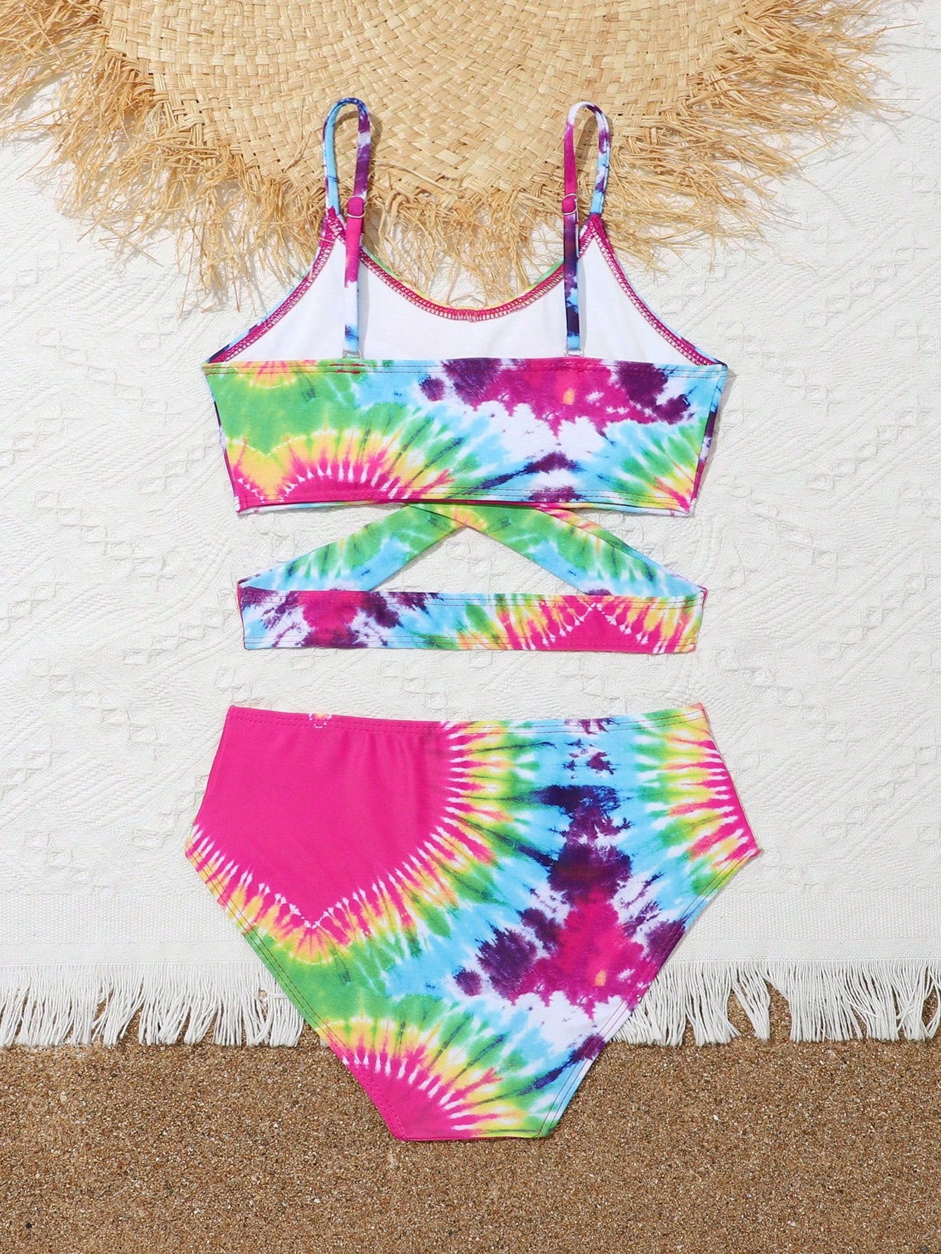 Teen Girl Tie Dye Heart Print Crisscross Bikini Swimsuit