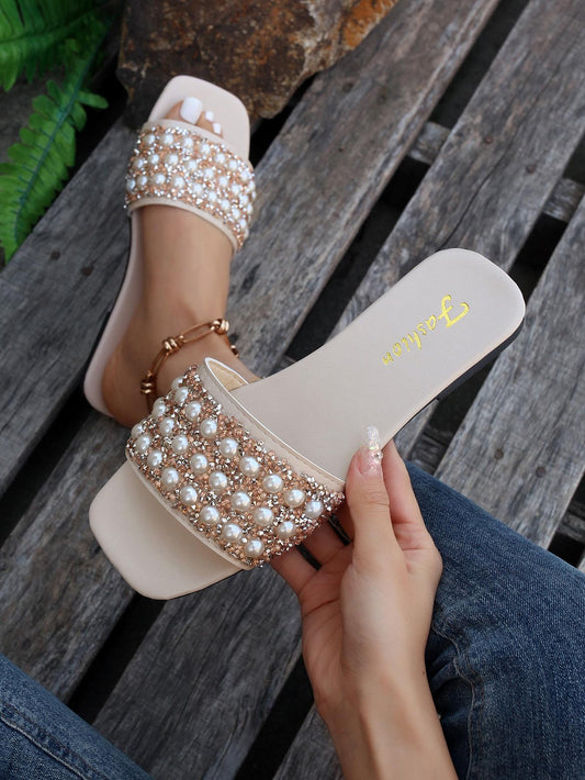 Women's Fashion Plus Size Open Toe Sandals, Anti-Slip Flat Sole, Faux Pearl Decorated, Outdoor Slippers, Beige Color Pearl Slides