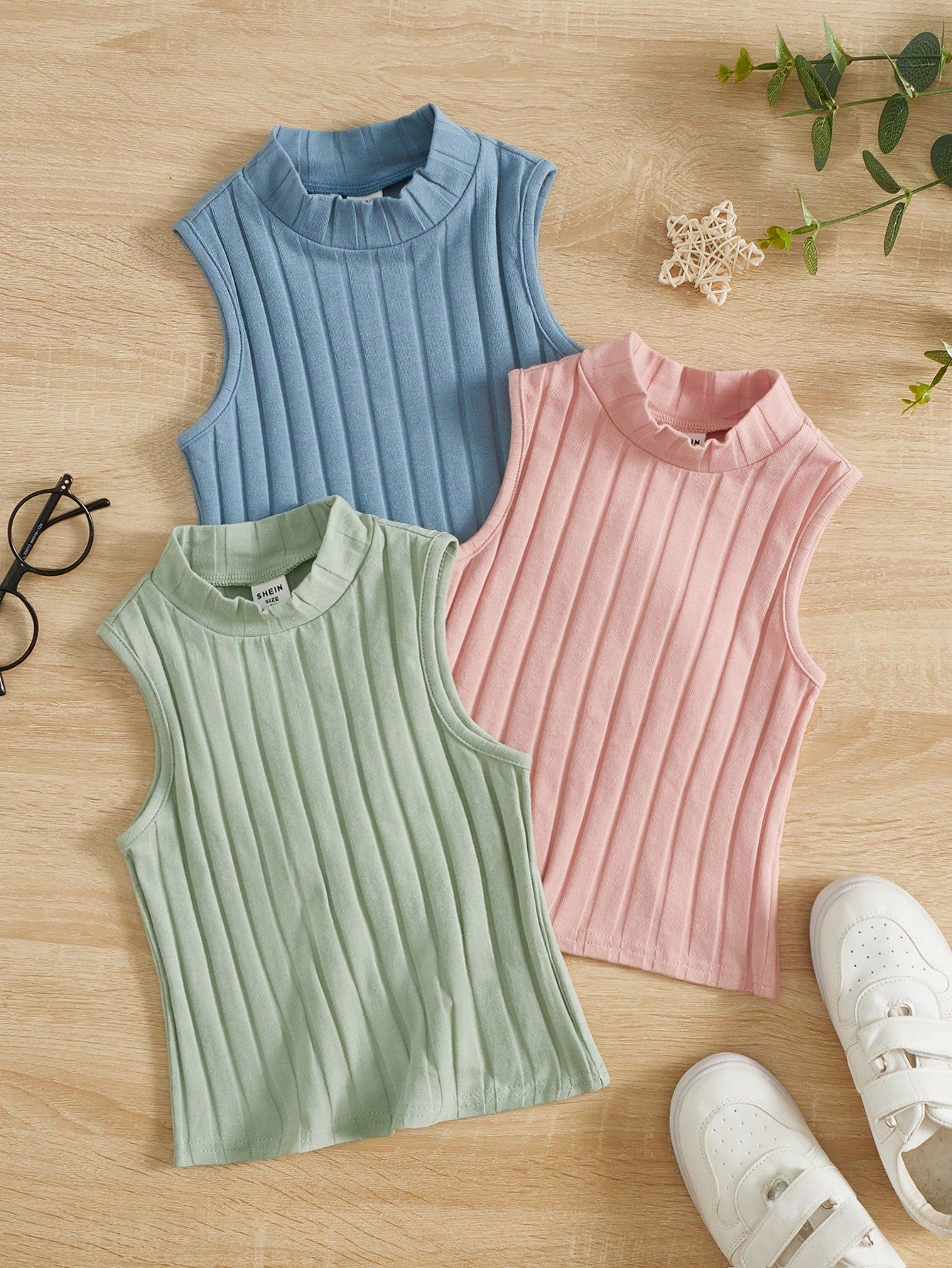 Young Girl 3pcs Solid Color Sleeveless Turtleneck Tank Top