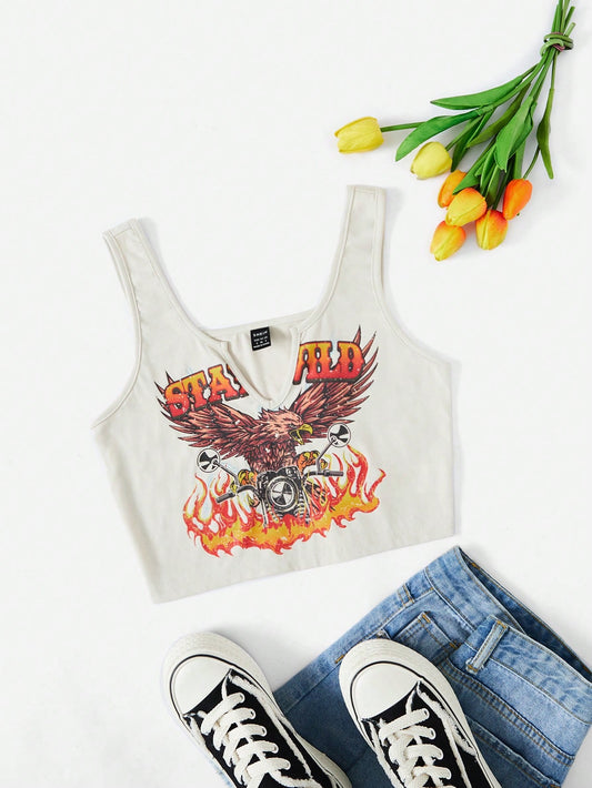 Eagle & Fire Print Notched Neckline Crop Tank Top