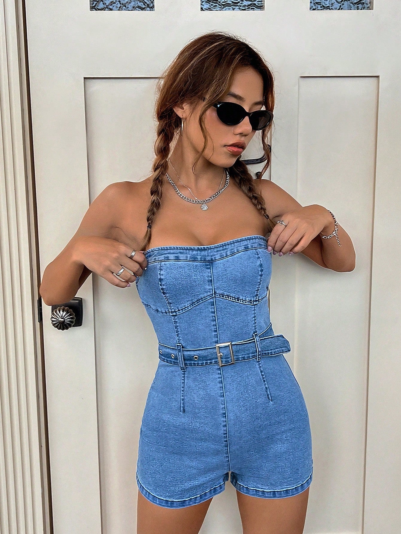 Zip Back Belted Tube Denim Romper