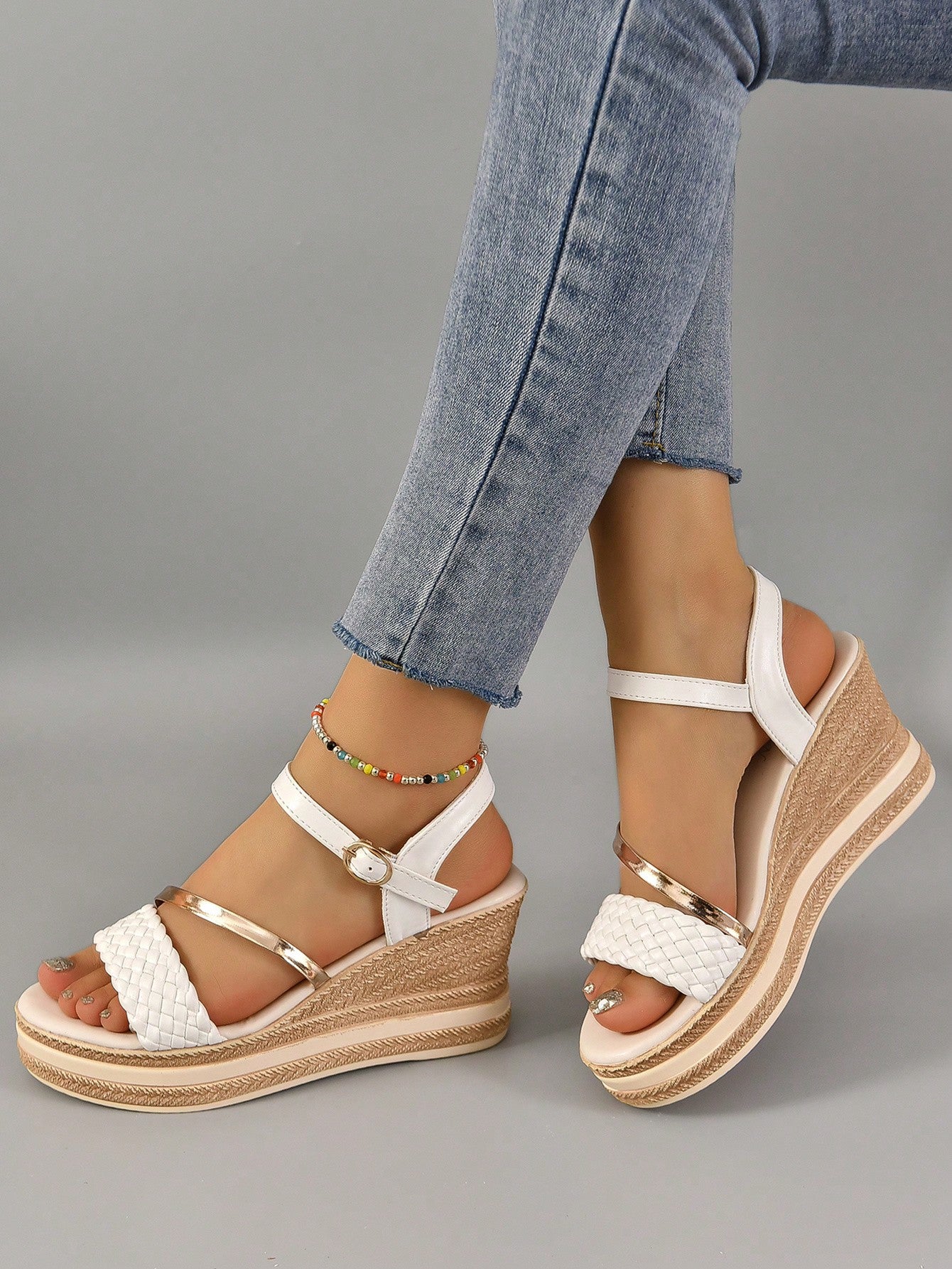 Women Metallic Buckle Decor Wedge Sandals, Glamorous Outdoor Ankle Strap Sandals