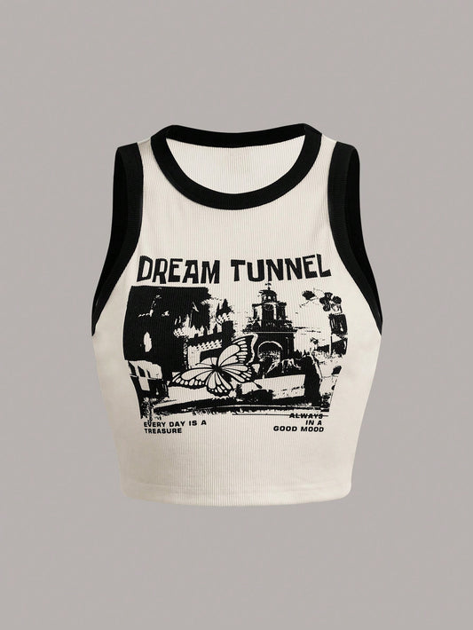 Summer Outfits Butterfly & Slogan Contrast Binding Tank Top DREAM TUNNEL EVERY DAY IS A TREASURE ALWAYS IN A GOOD MOOD