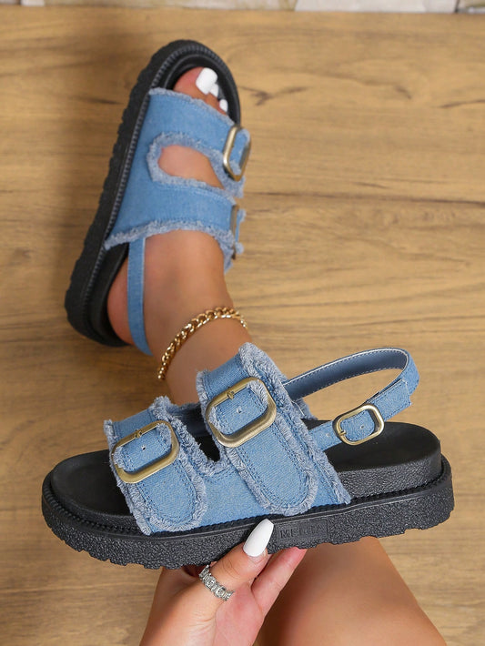 Fashion Blue Sandals For Women, Buckle Decor Flatform Slingback Sandals