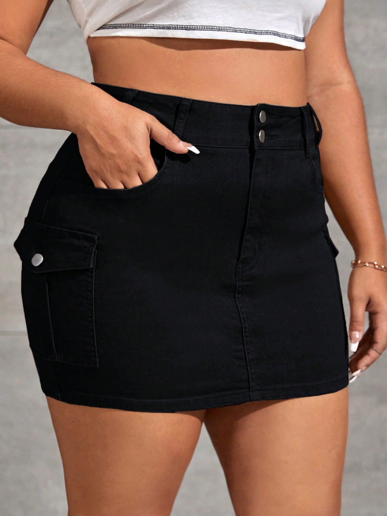 Plus Flap Pocket Side Denim Skirt