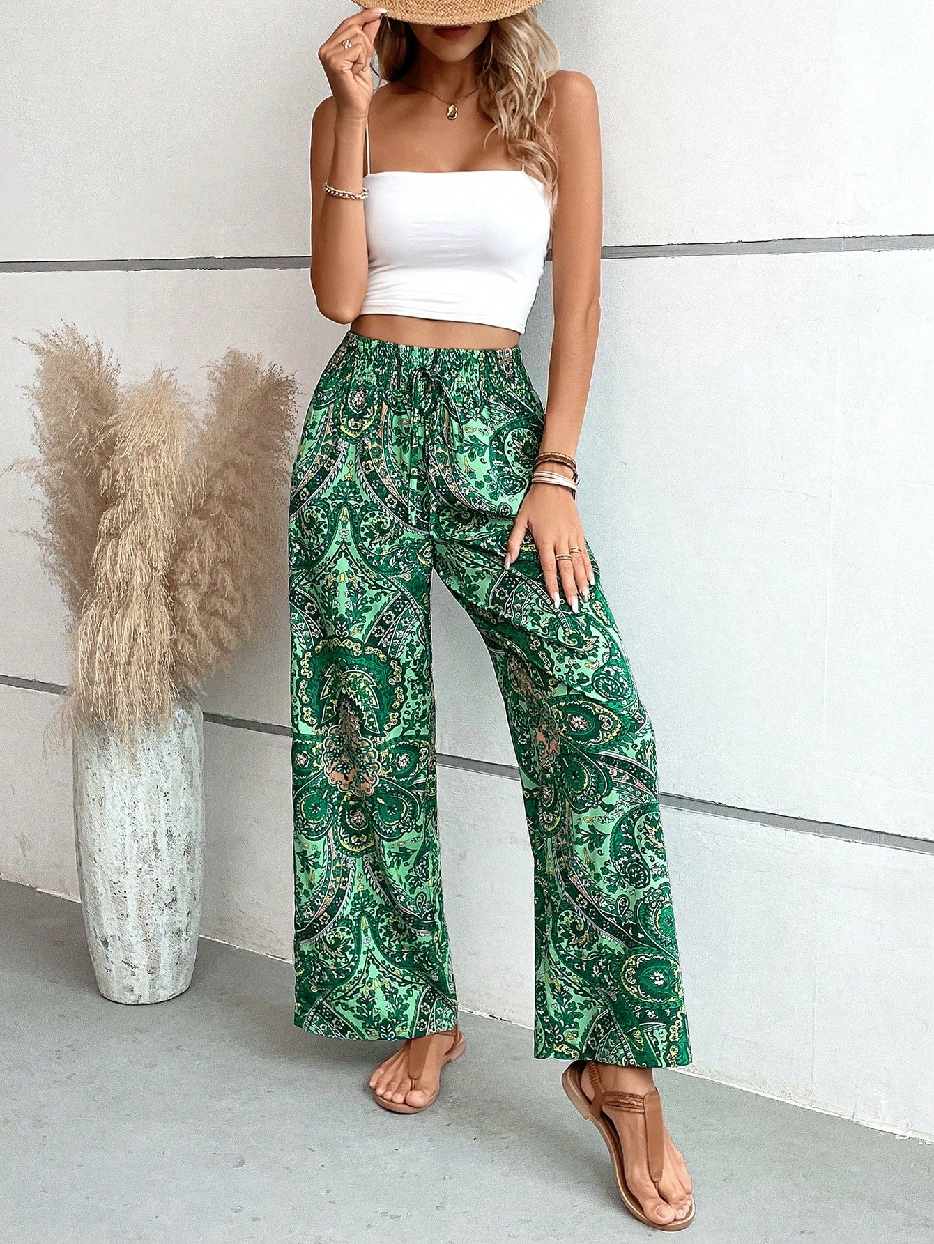 Women's Paisley Print Shirred Waist Tie Long Pants